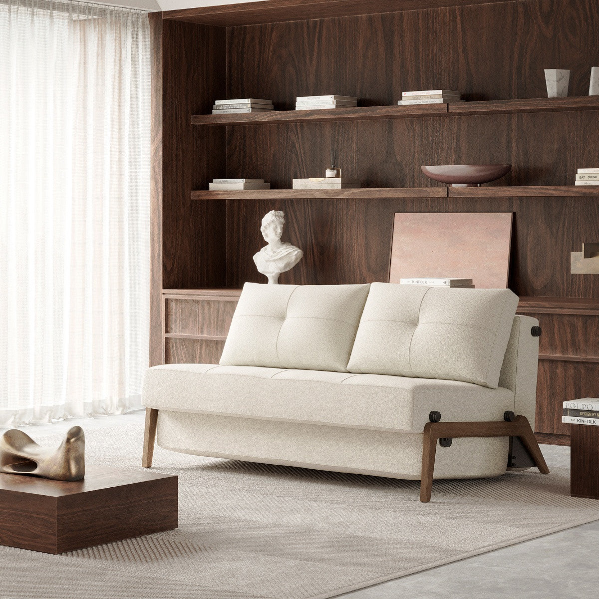 Cubed Queen Size Sleeper Sofa Bed With With Dark Wood Legs by