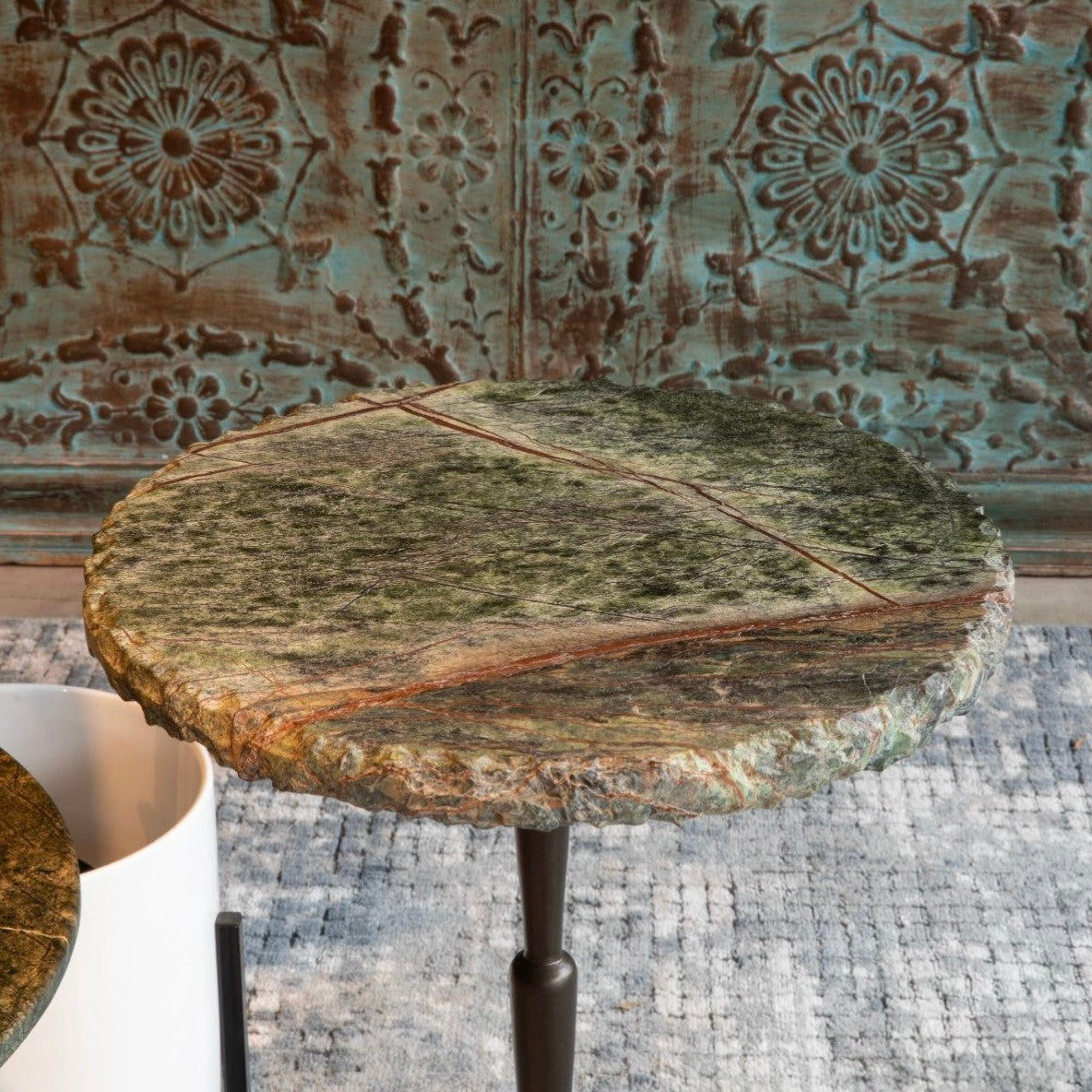 Breton 15" Drinks Table with Green Bidasar Marble and Iron