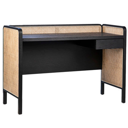 Dolores Black Oak + Woven Cane Writing Desk