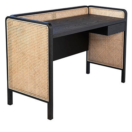 Dolores Black Oak + Woven Cane Writing Desk