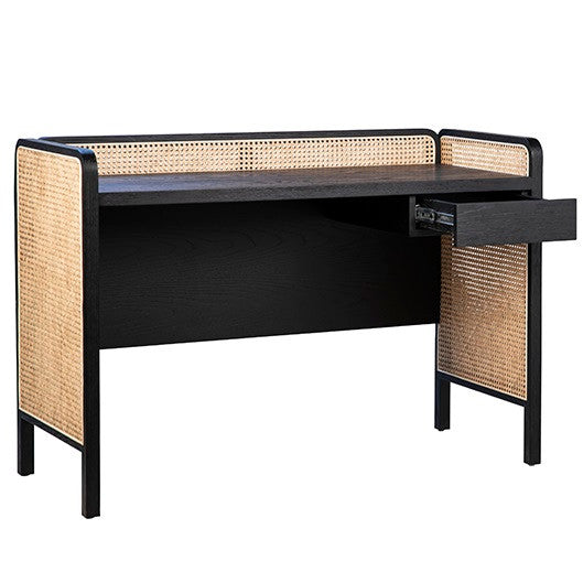 Dolores Black Oak + Woven Cane Writing Desk