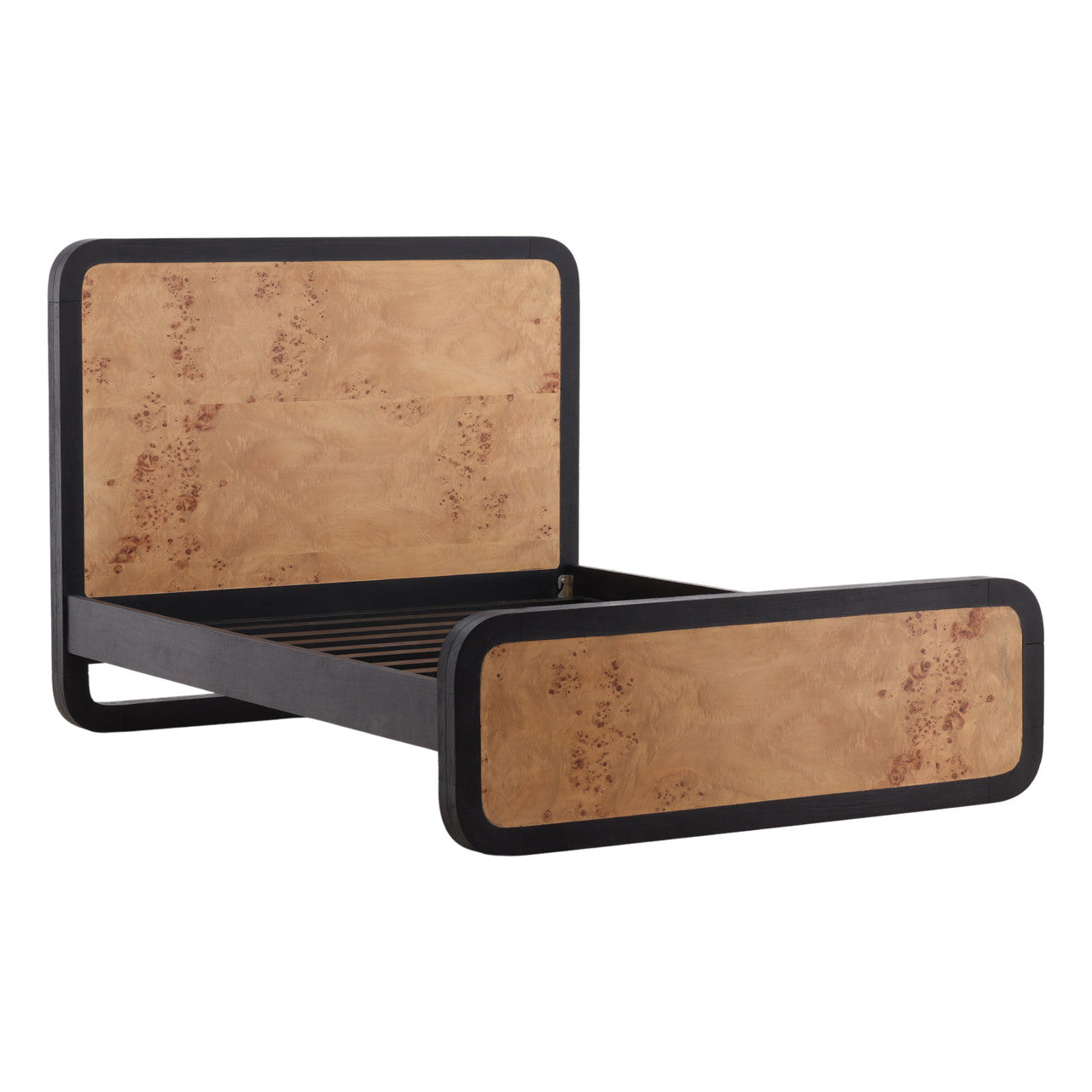 Hoffmer Acacia and Mappa Burl Wood Queen Bed with Black Trim