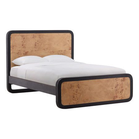 Hoffmer Acacia and Mappa Burl Wood Queen Bed with Black Trim