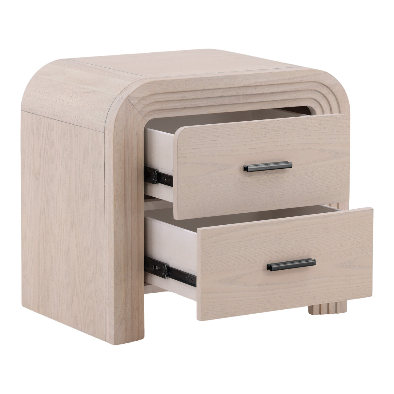 Santa Fe 2 Drawer Rubber Wood Nightstand in Bleached Oak Veneer with Black Metal Handles