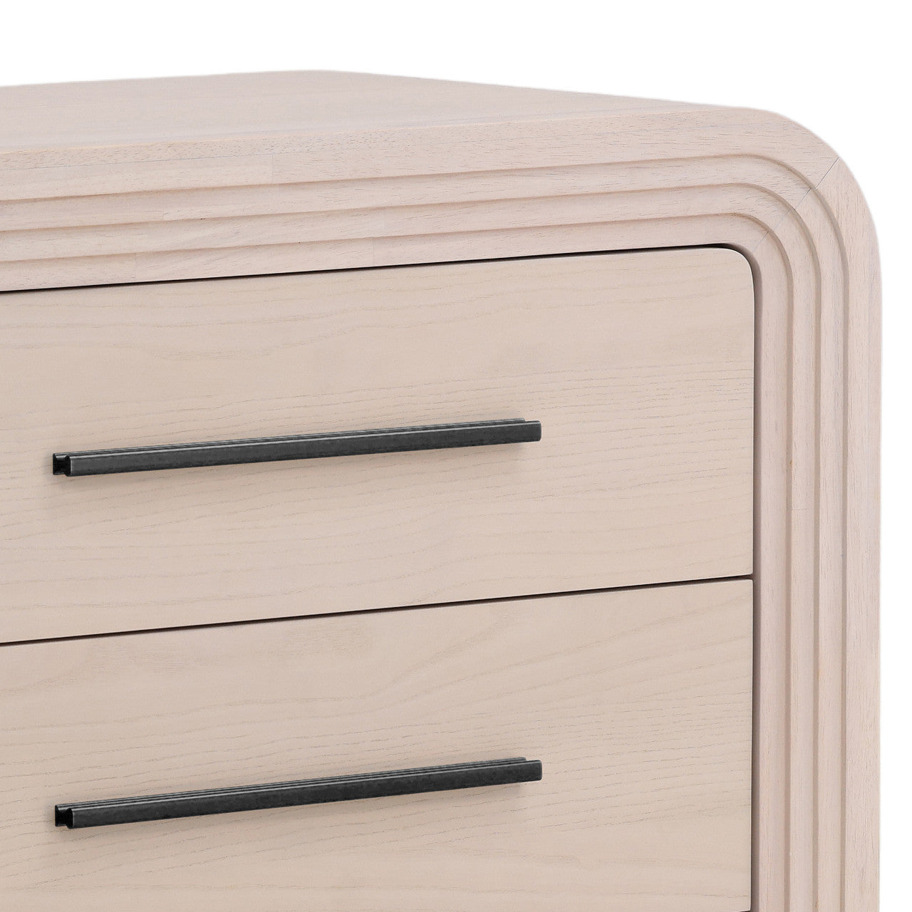 Santa Fe 6 Drawer Rubber Wood Double Dresser in Bleached Oak Veneer with Black Metal Handles