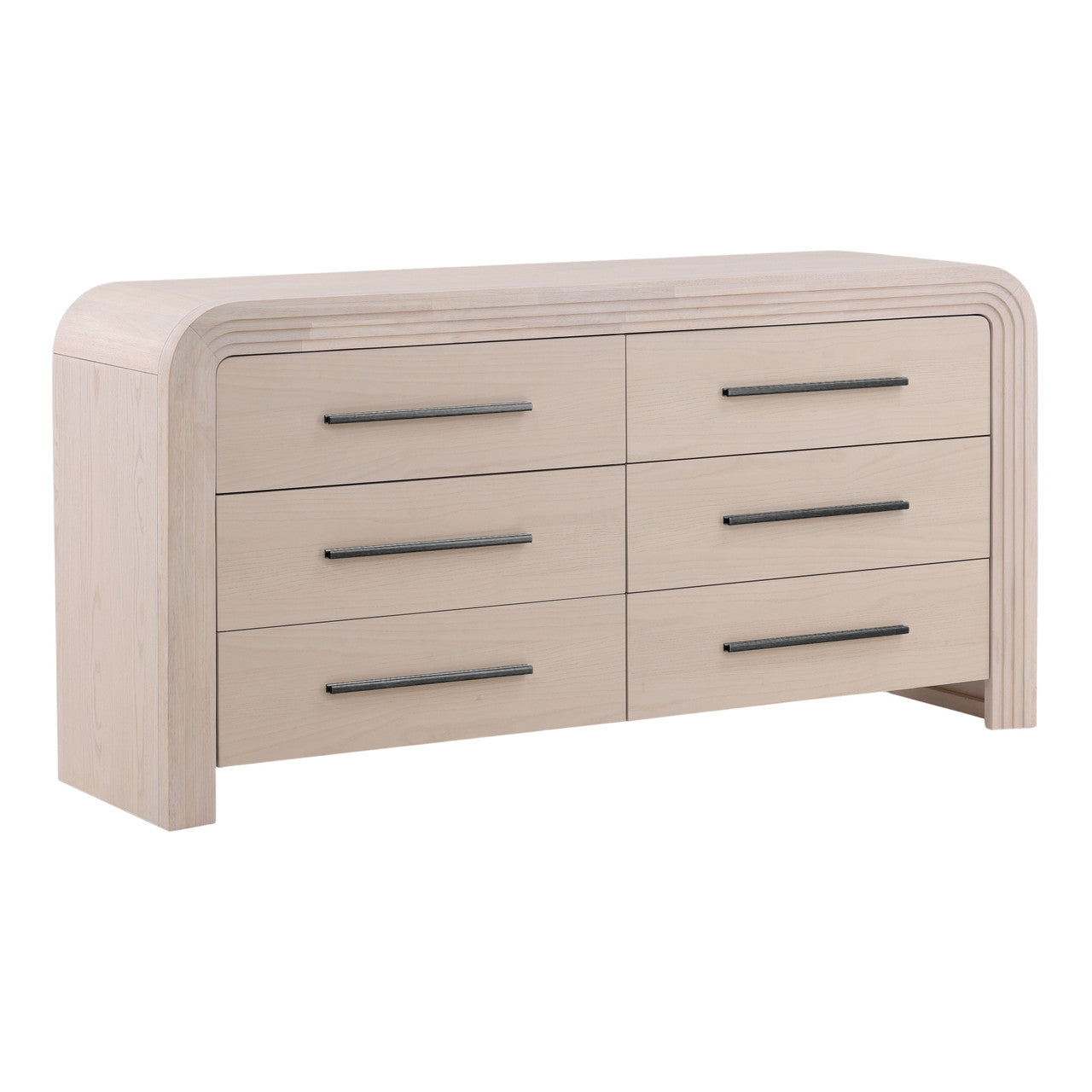 Santa Fe 6 Drawer Rubber Wood Double Dresser in Bleached Oak Veneer with Black Metal Handles