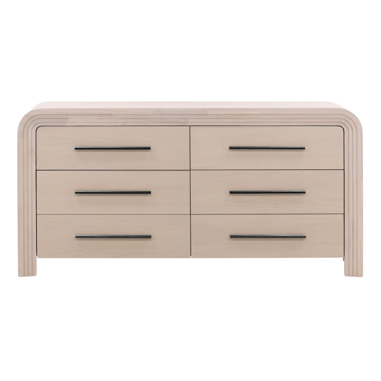 Santa Fe 6 Drawer Rubber Wood Double Dresser in Bleached Oak Veneer with Black Metal Handles