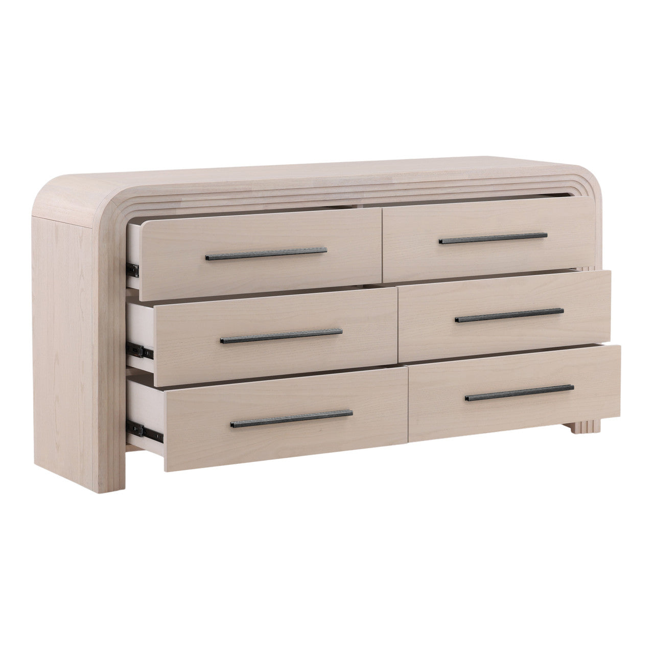 Santa Fe 6 Drawer Rubber Wood Double Dresser in Bleached Oak Veneer with Black Metal Handles