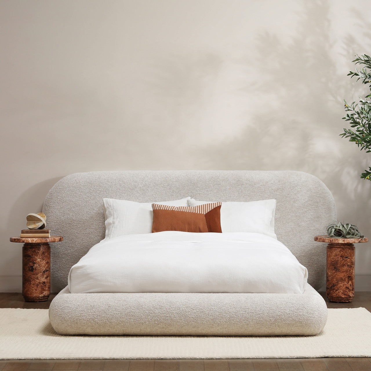 Georgie Solid Hardwood Eastern King Bed with Snow White Boucle Fabric