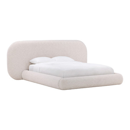 Georgie Solid Hardwood Queen Bed with Snow White Boucle Fabric