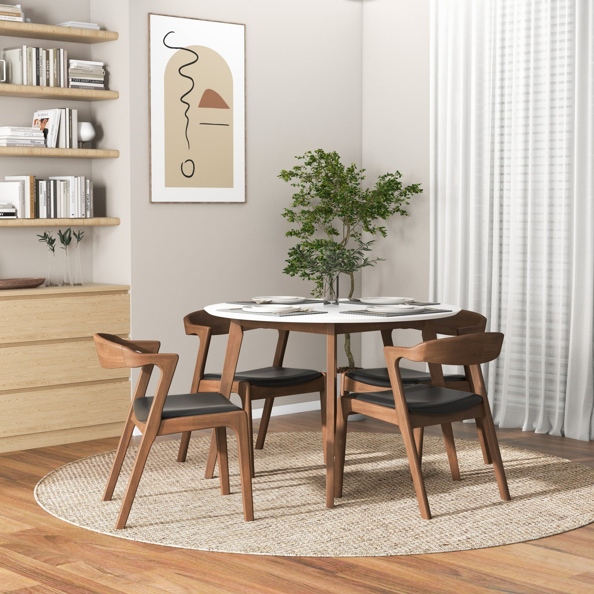 Dakota Solid Wood and Black Vegan Leather Dining Chair – Walnut Finish
