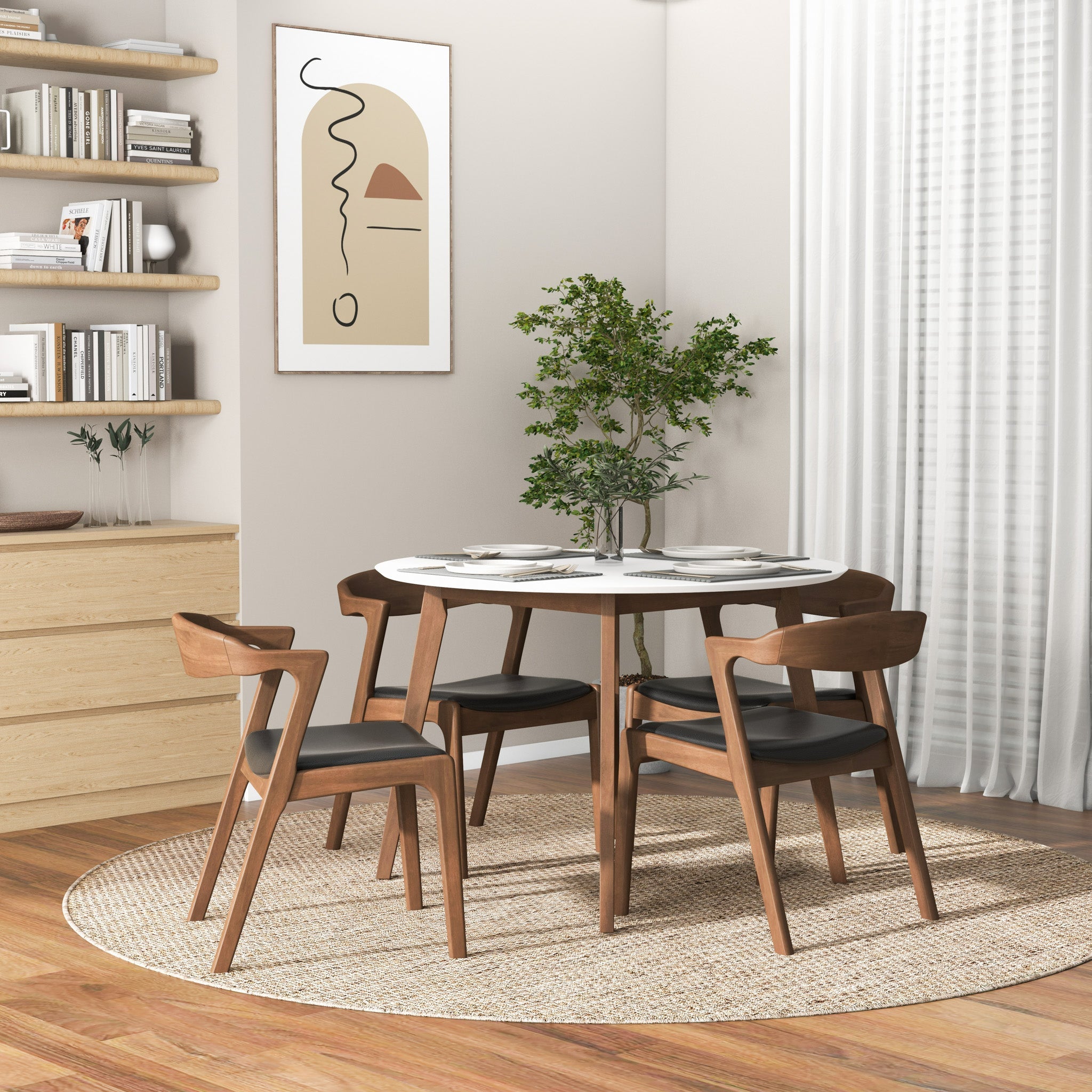 Dakota Solid Wood and Black Vegan Leather Dining Chair – Walnut Finish