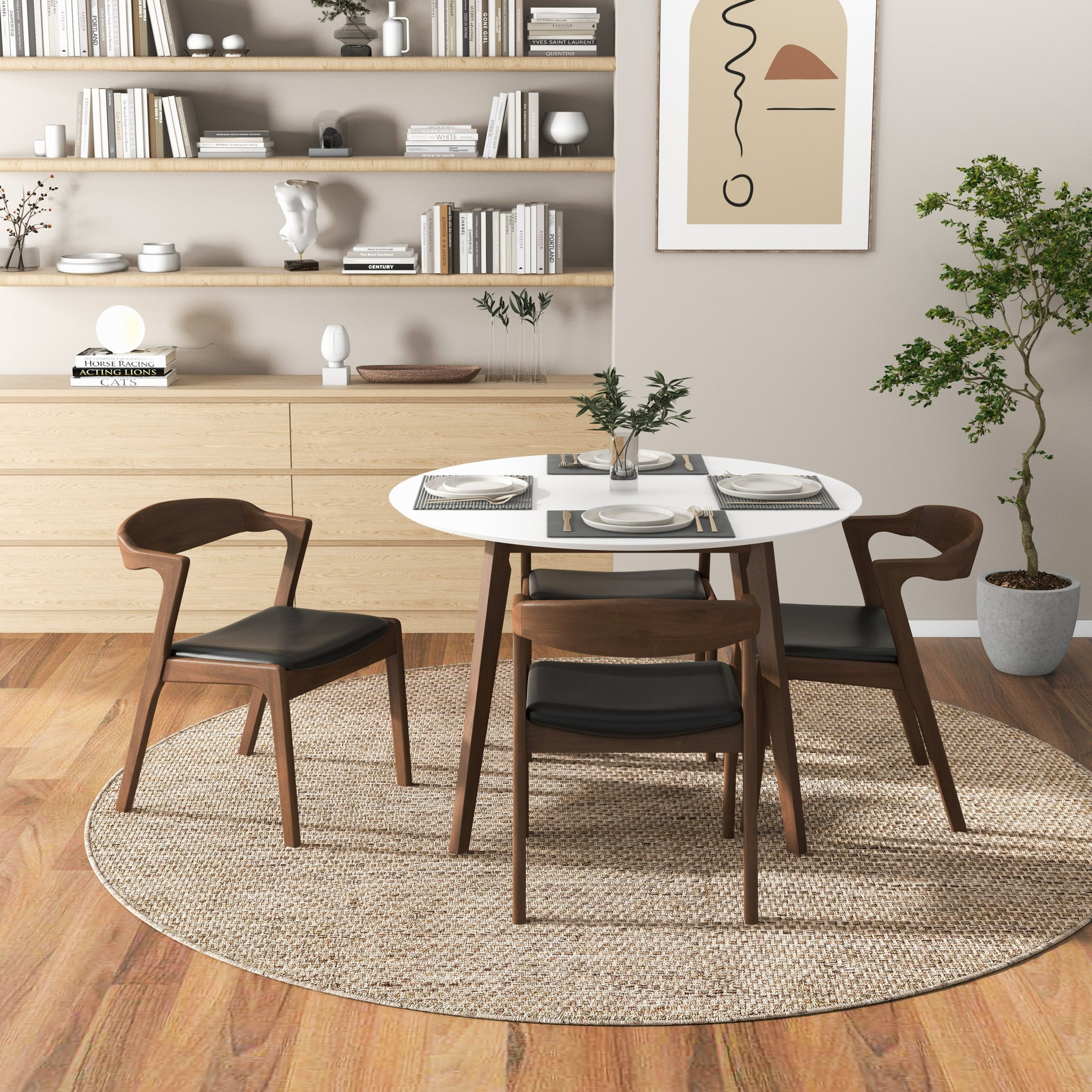 Dakota Solid Wood and Black Vegan Leather Dining Chair – Walnut Finish
