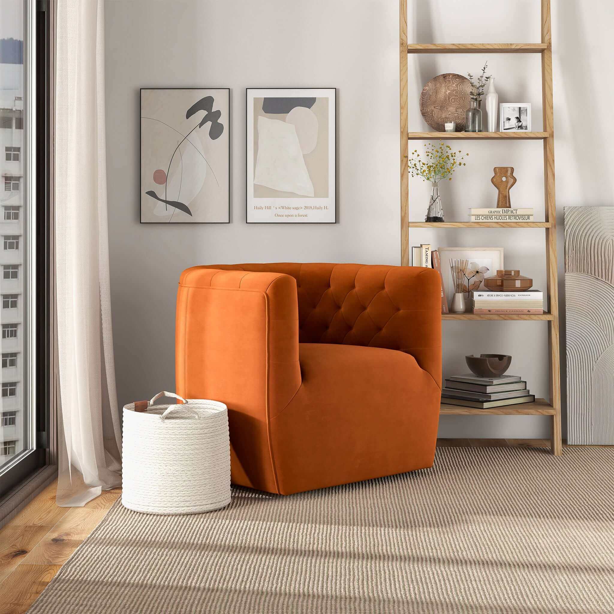 Delaney Mid-Century Modern Burnt Orange Velvet Swivel Accent Chair
