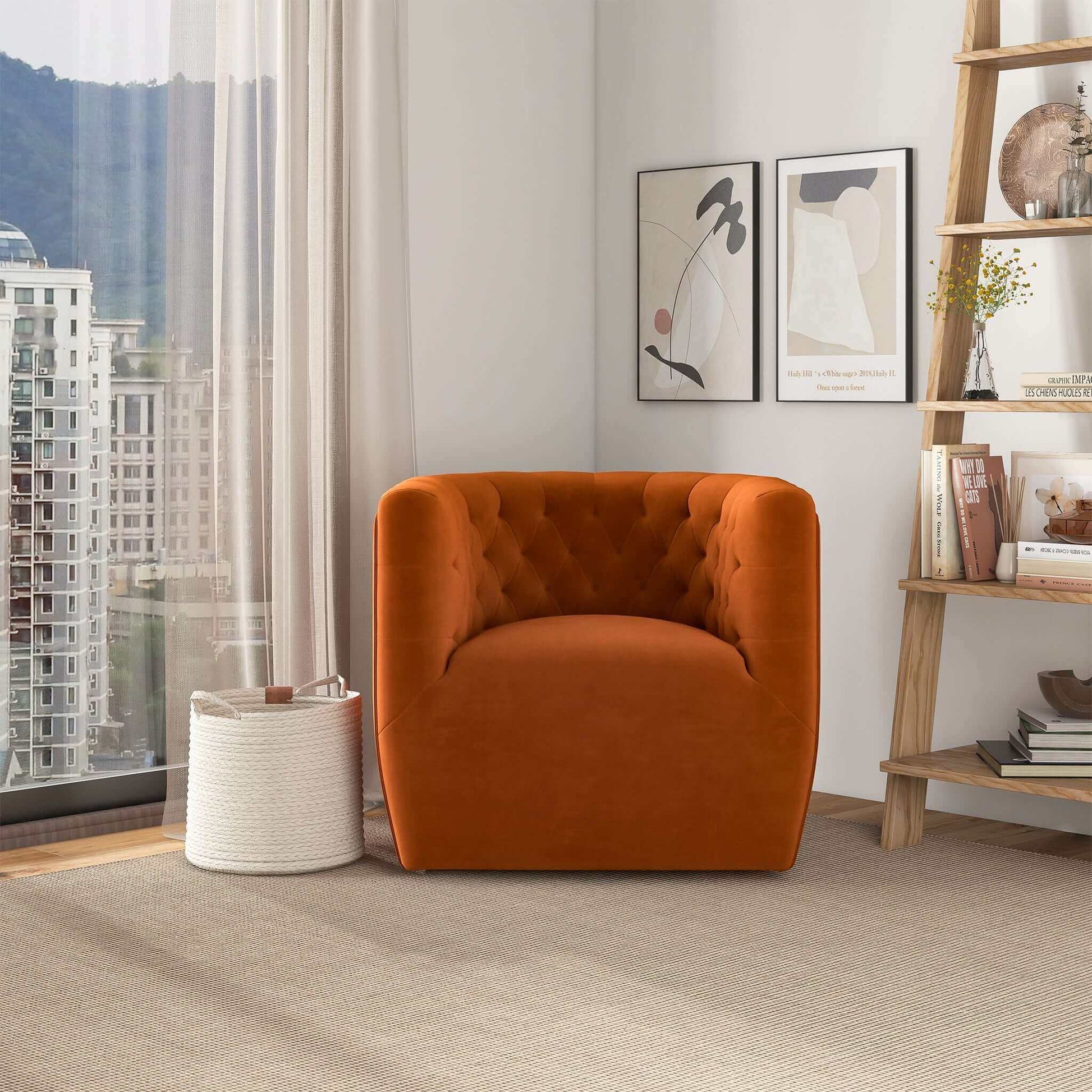 Delaney Mid-Century Modern Burnt Orange Velvet Swivel Accent Chair