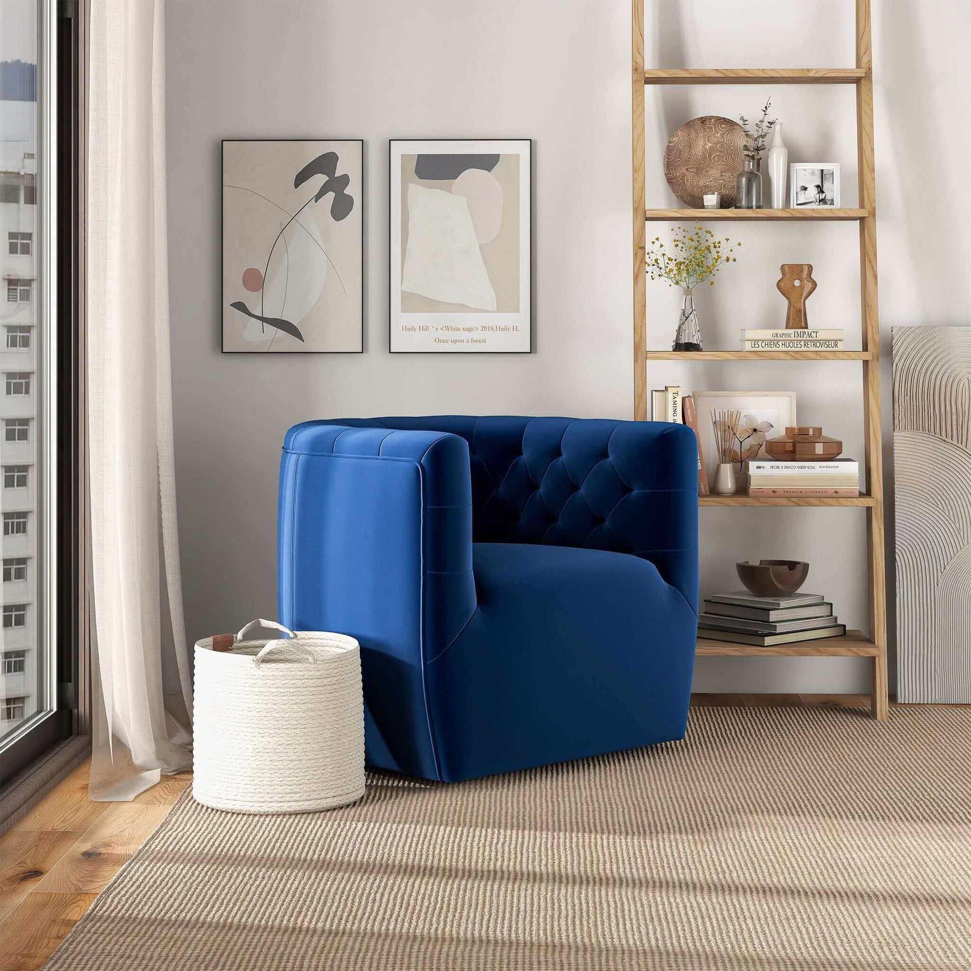 Delaney Mid-Century Modern Dark Blue Velvet Swivel Accent Chair