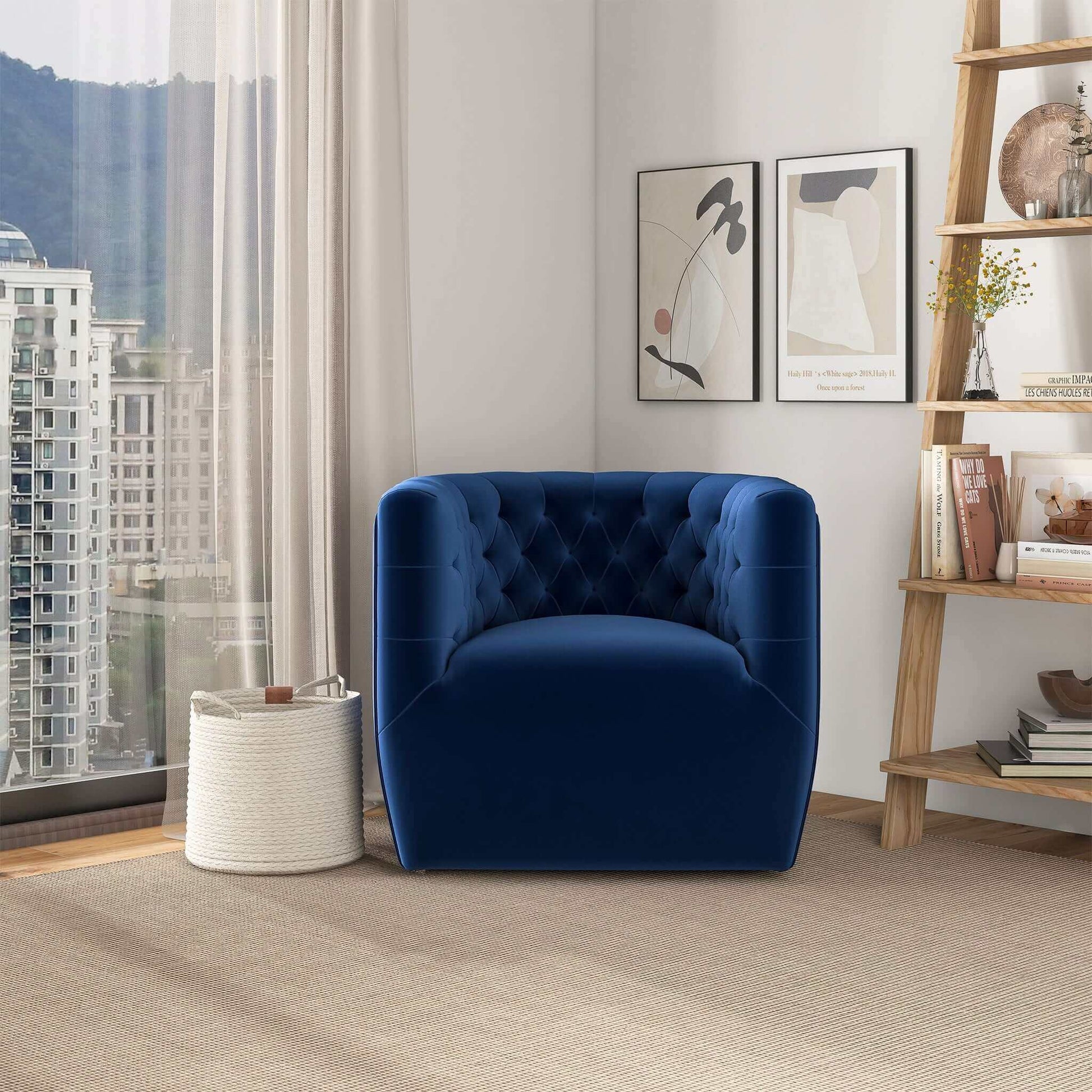 Delaney Mid-Century Modern Dark Blue Velvet Swivel Accent Chair
