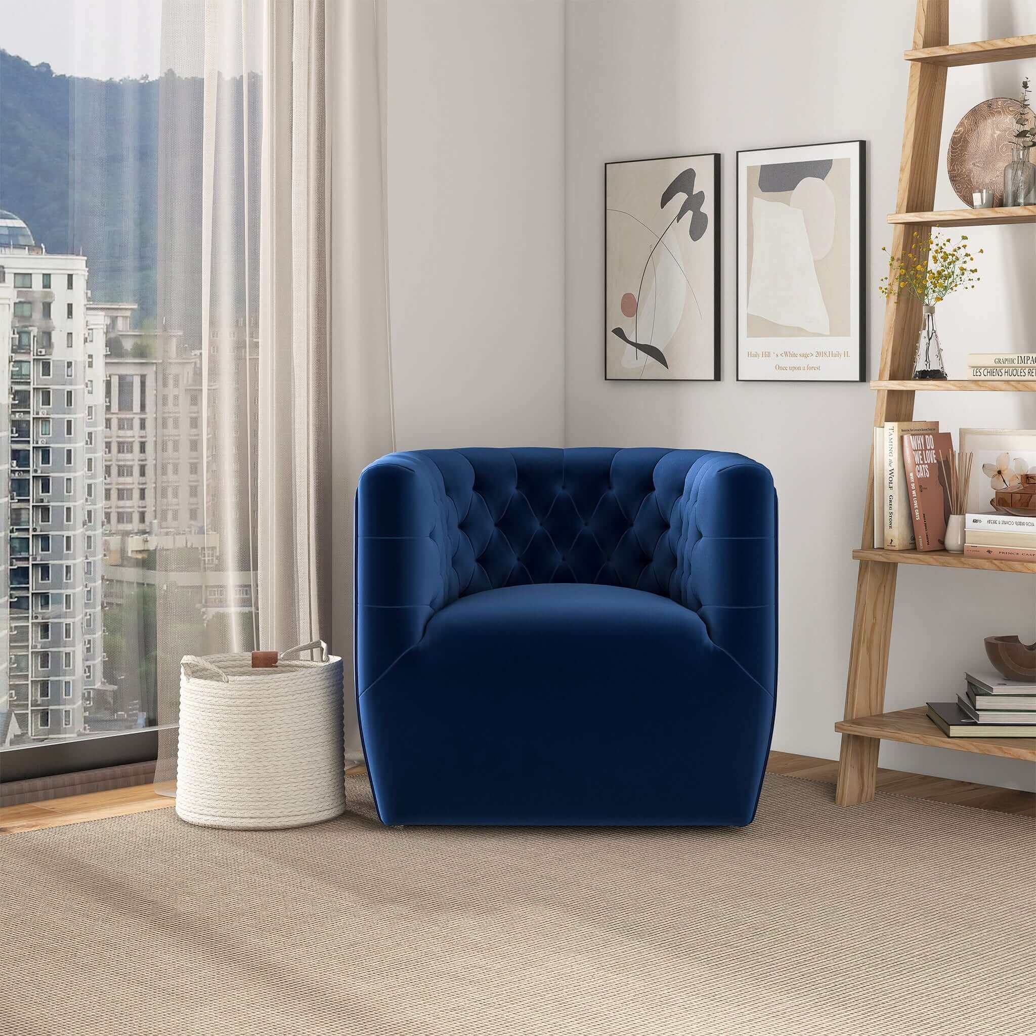 Delaney Mid-Century Modern Dark Blue Velvet Swivel Accent Chair