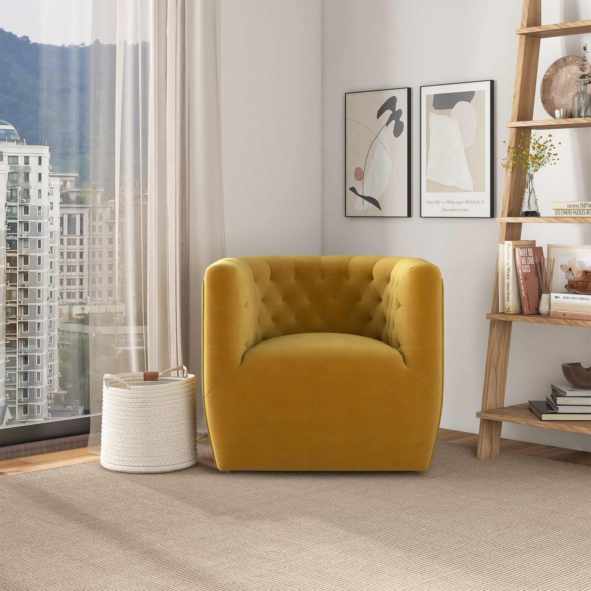 Delaney Mid-Century Modern Gold Velvet Swivel Accent Chair
