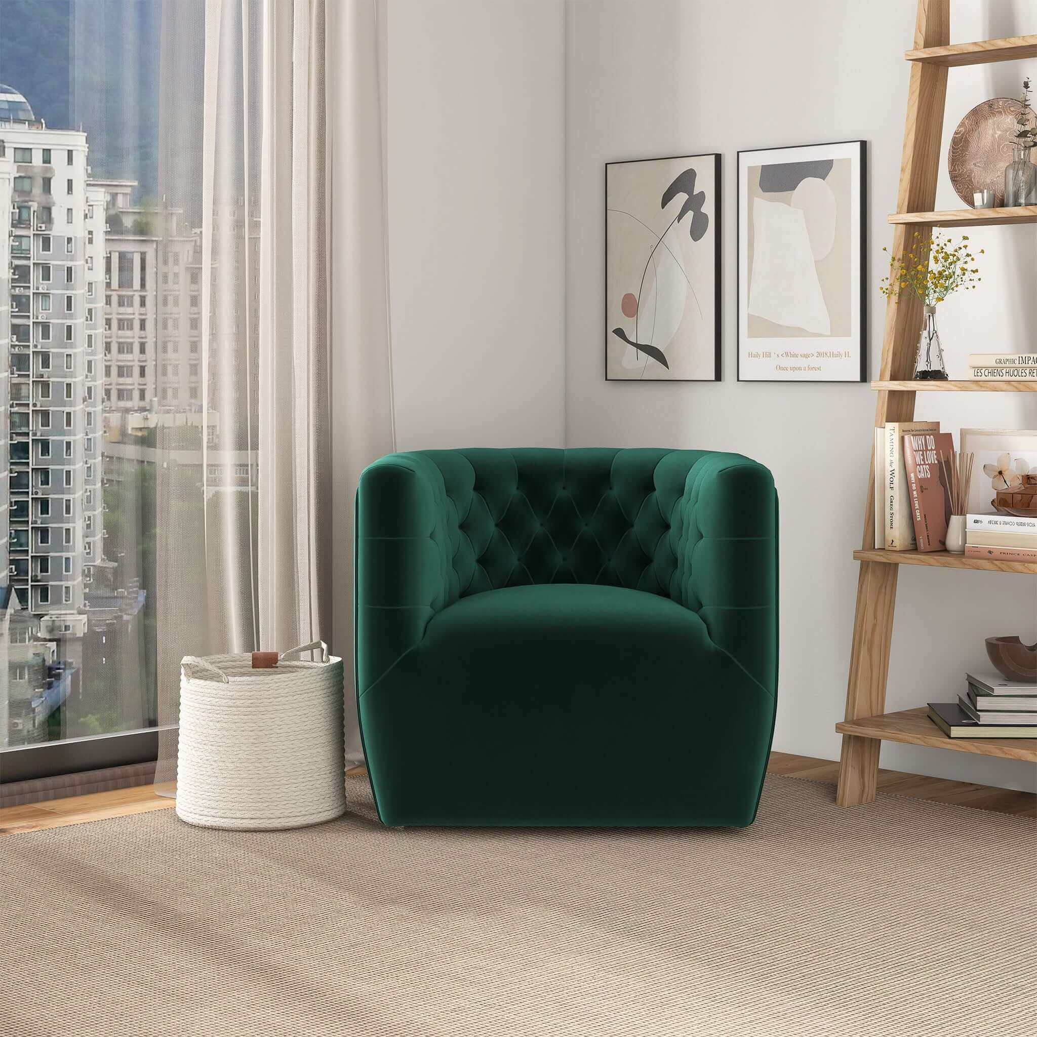 Delaney Mid-Century Modern Green Velvet Swivel Accent Chair