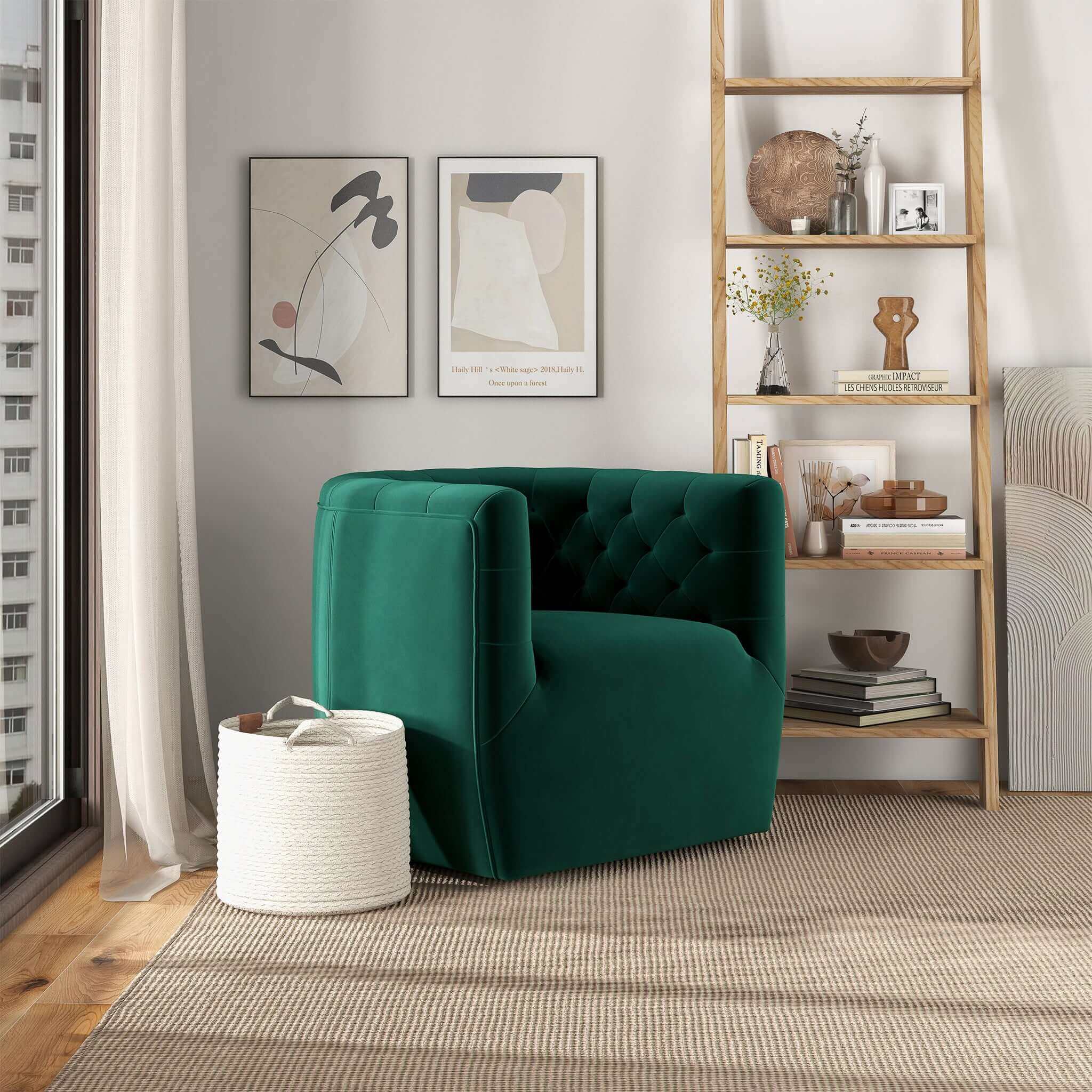 Delaney Mid-Century Modern Green Velvet Swivel Accent Chair