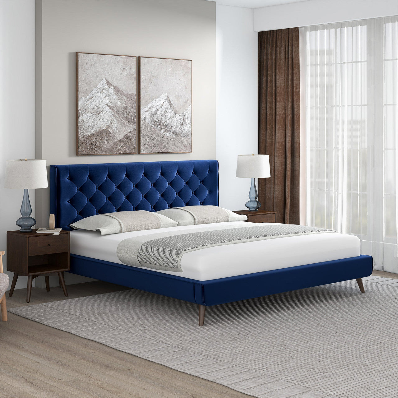 Dillon Blue Velvet Platform Bed (King Size)