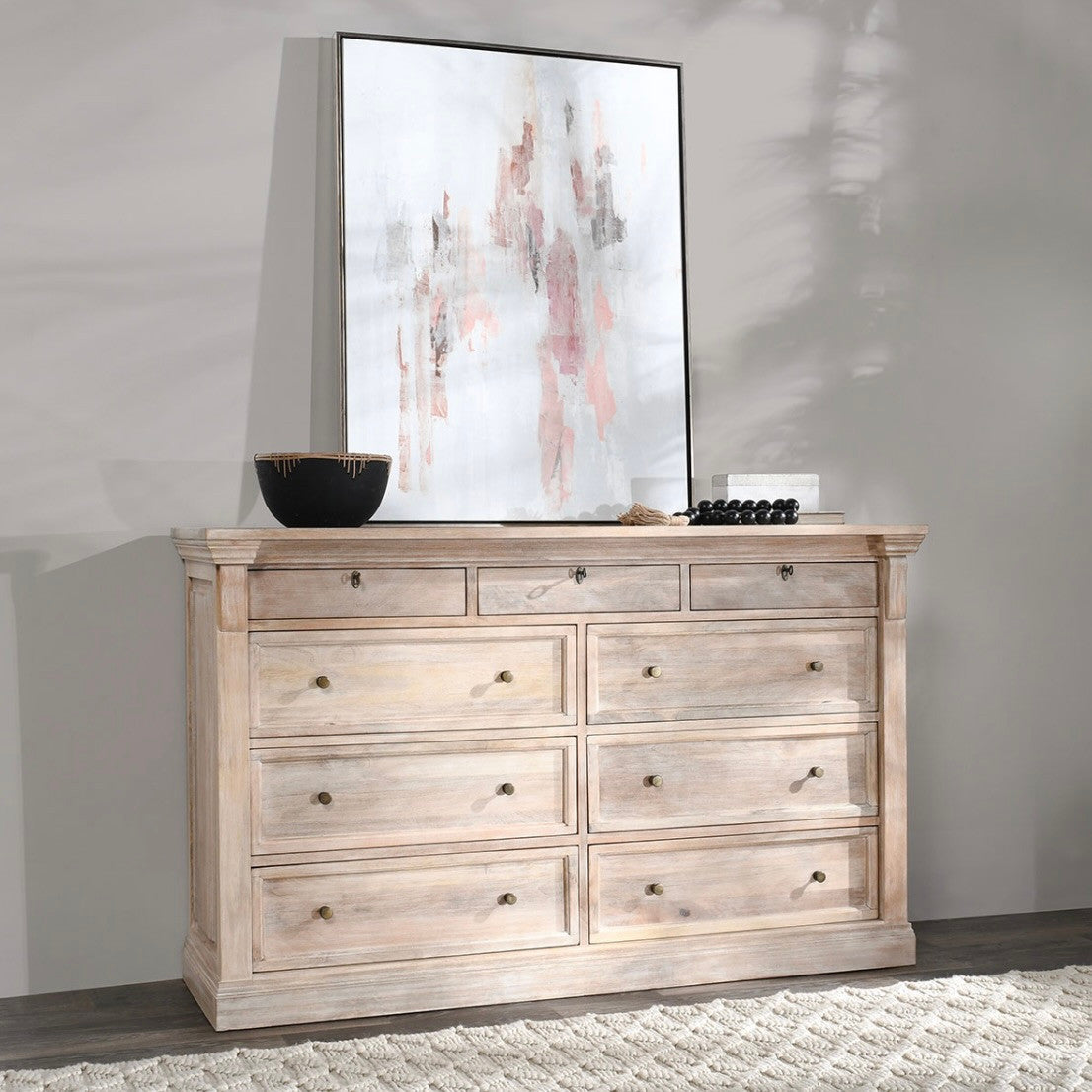 Adelaide 9-Drawer Mango Wood Dresser 70" Natural White Wash