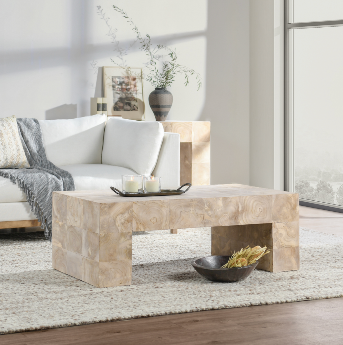 Anders Teak Wood Coffee Table in Cream Wash 51"