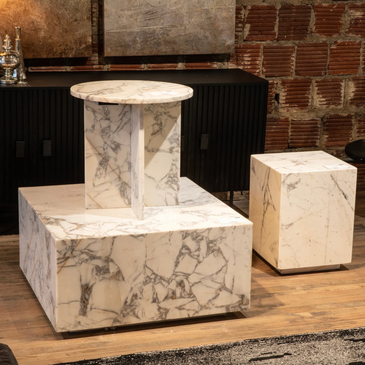 Nile 32" Drum Coffee Table in Alabaster Marble