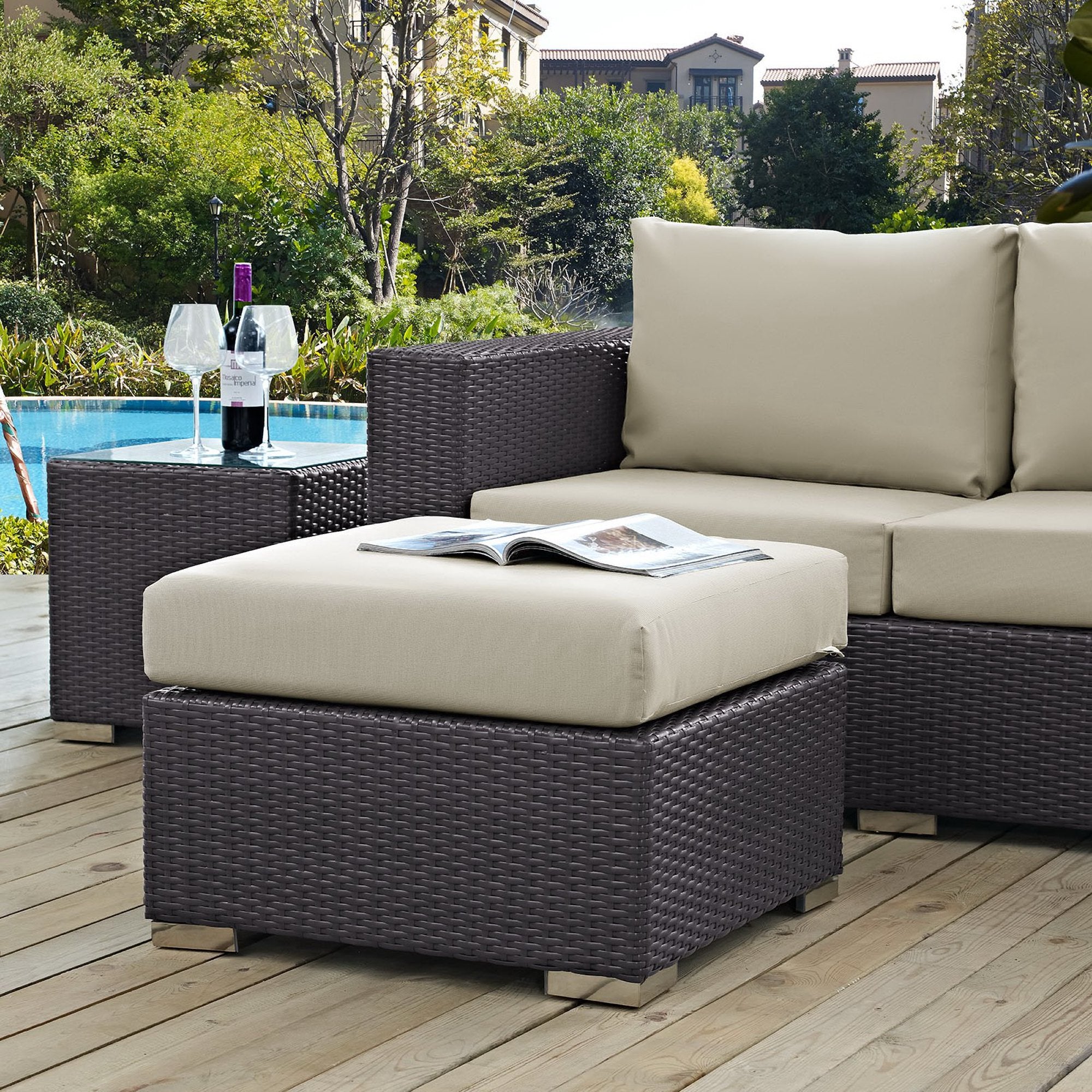 Convene Outdoor Patio Fabric Square Ottoman - Espresso Peridot