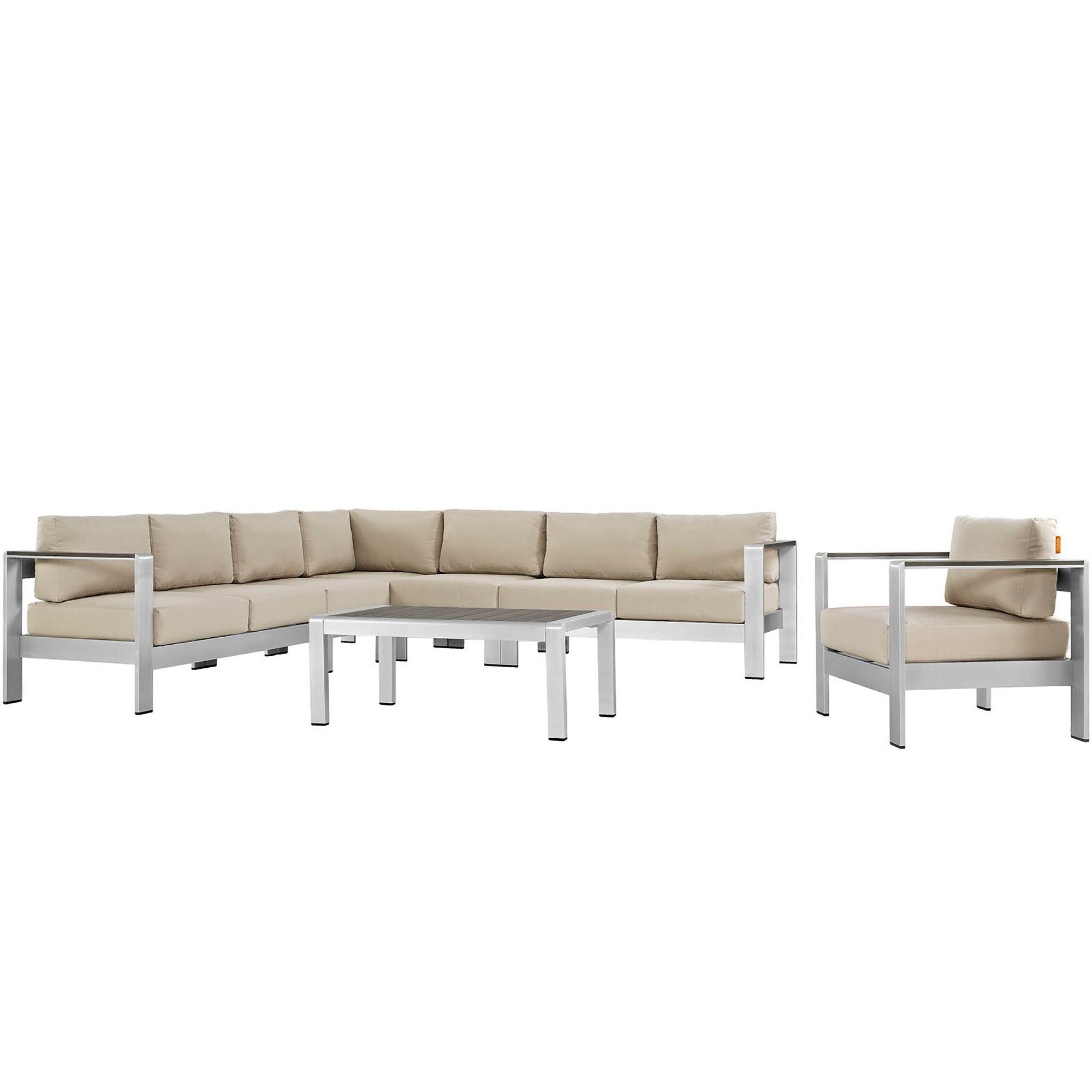 Shore 7 Piece Outdoor Aluminum Sectional Sofa Set - Silver Beige