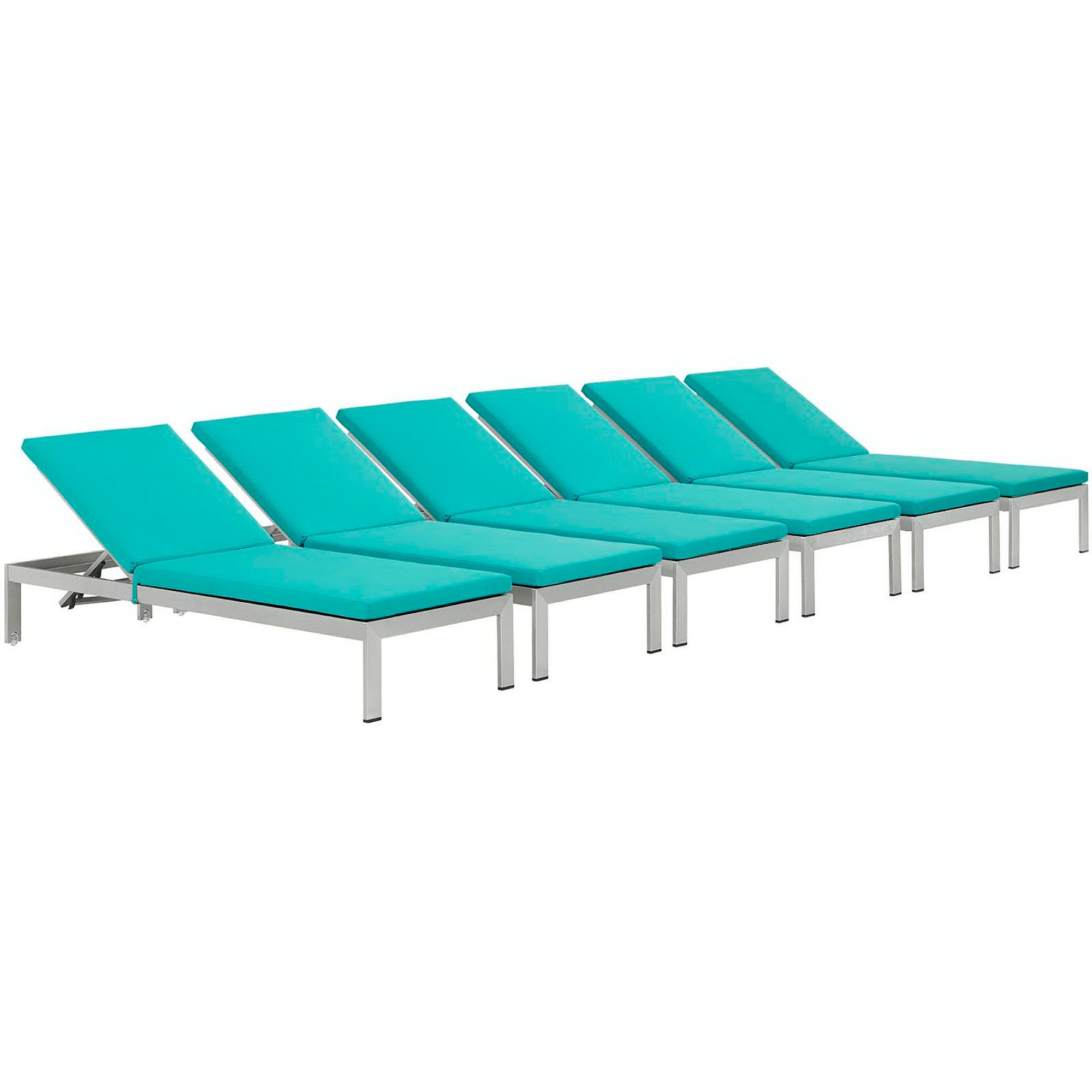 Shore Chaise with Cushions Outdoor Patio Aluminum Set of 6 - Silver Turquoise