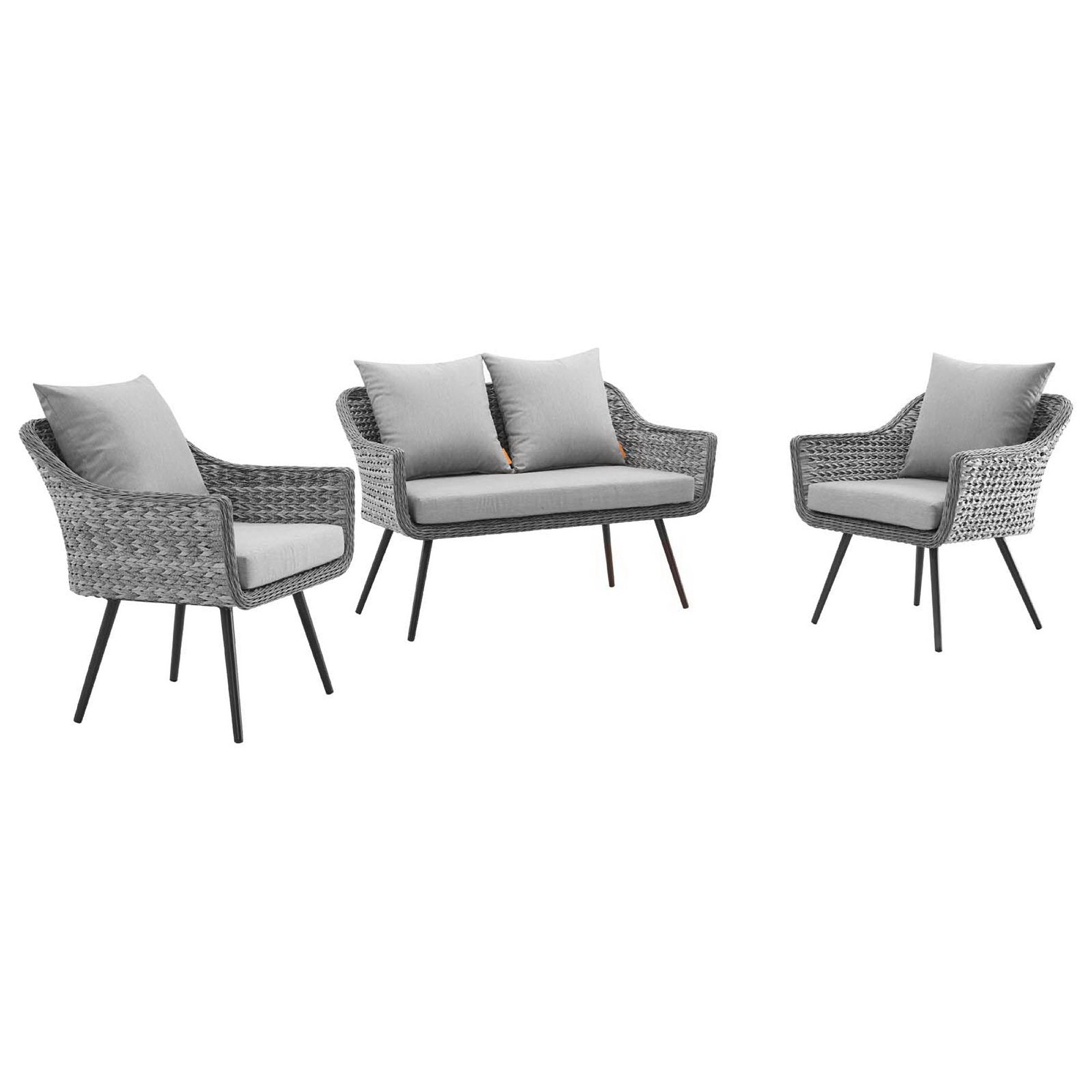 Endeavor 3 Piece Outdoor Patio Wicker Rattan Loveseat and Armchair Set - Gray Gray