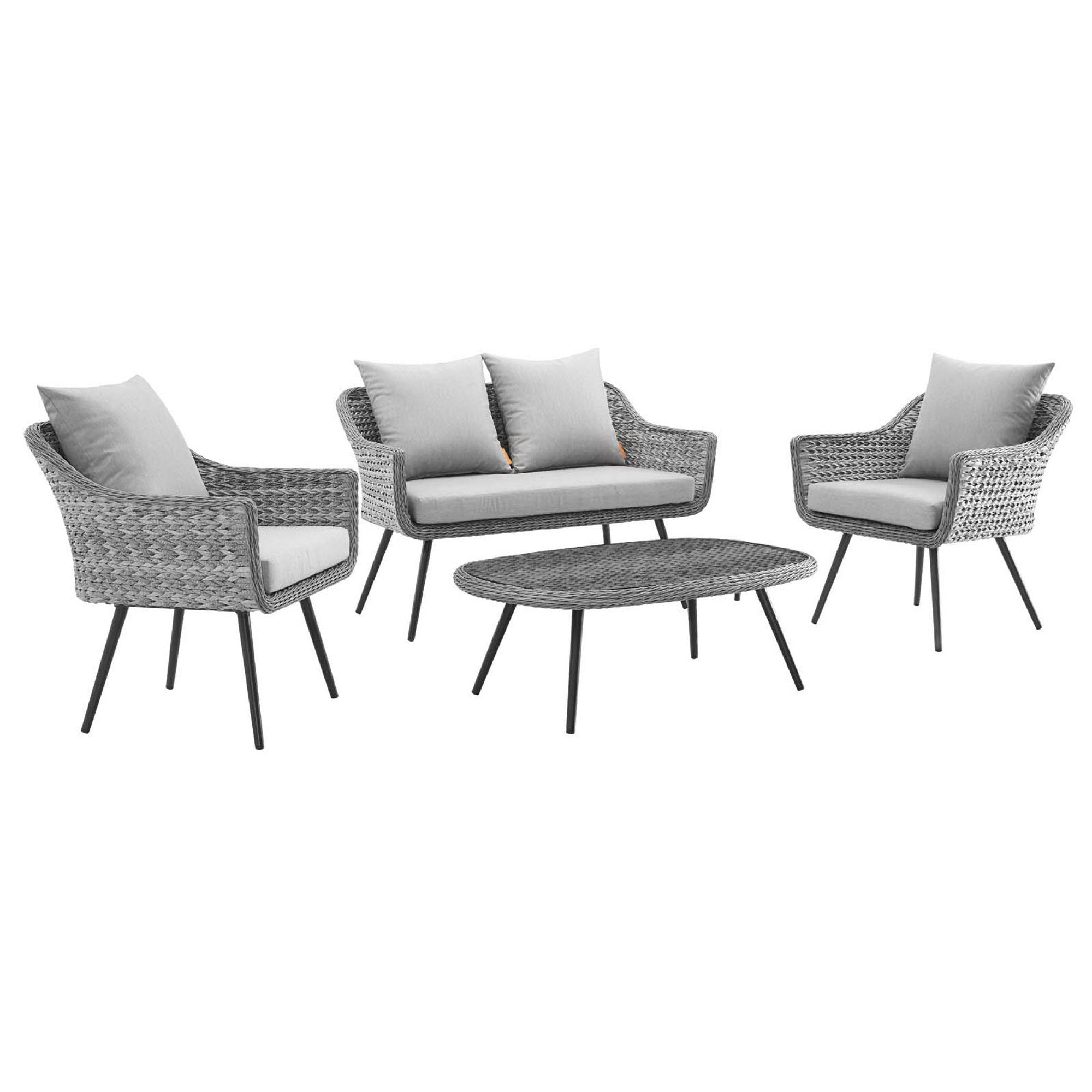 Endeavor 4 Piece Outdoor Patio Wicker Rattan Loveseat Armchair and Coffee Table Set - Gray Gray
