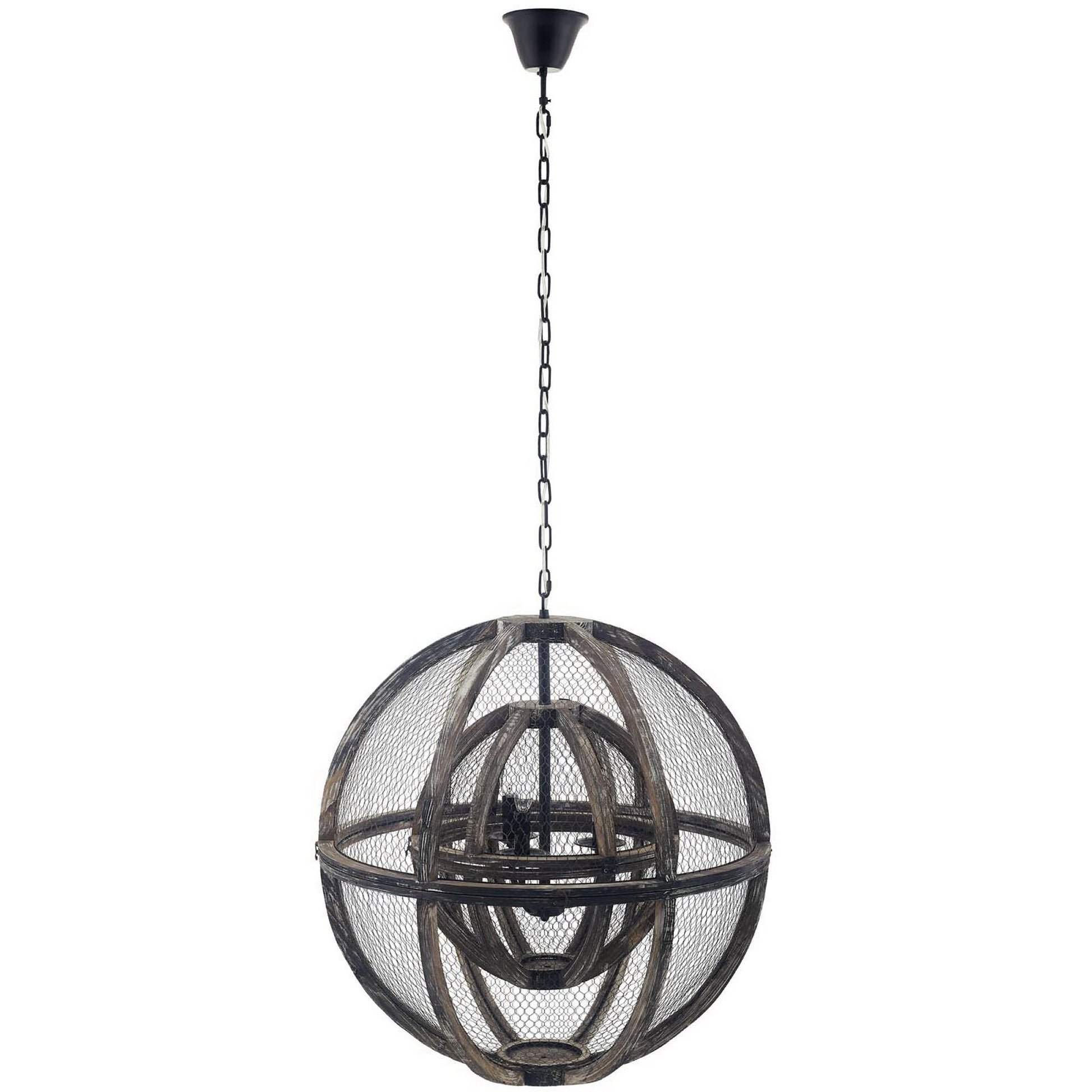 Gravitate Globe Rustic Oak Wood Pendant Light Chandelier - Black