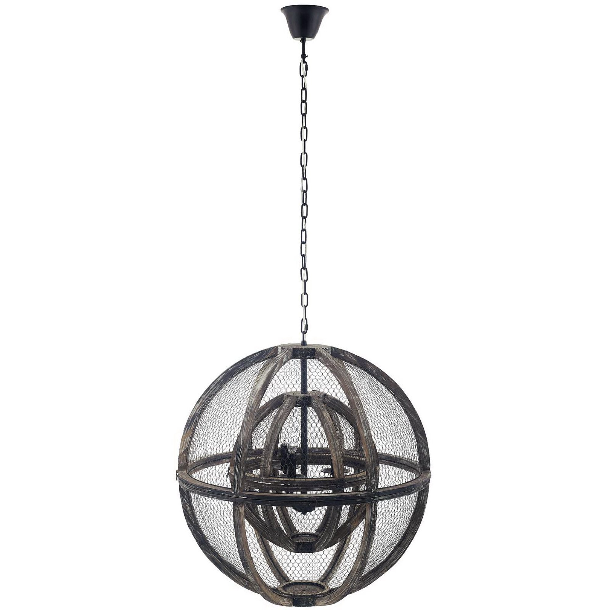 Gravitate Globe Rustic Oak Wood Pendant Light Chandelier - Black