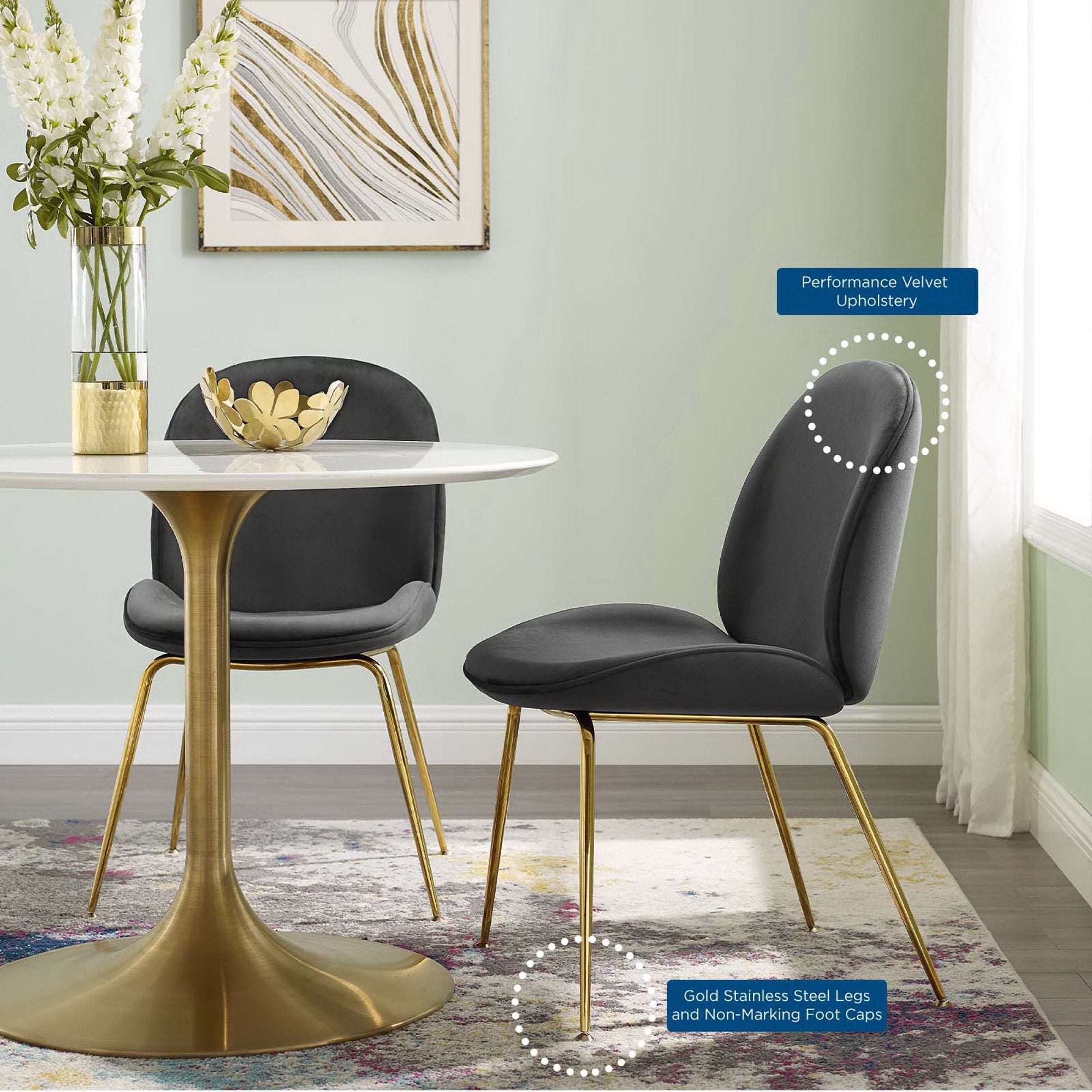 Scoop Gold Stainless Steel Leg Performance Velvet Dining Chair - White