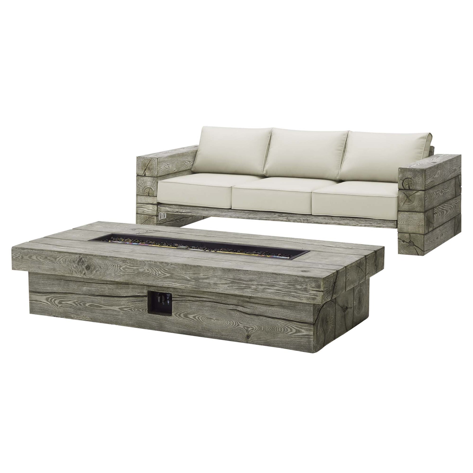 Manteo Rustic Coastal Outdoor Patio Sunbrella® Sofa and Fire Pit Set - Light Gray Beige