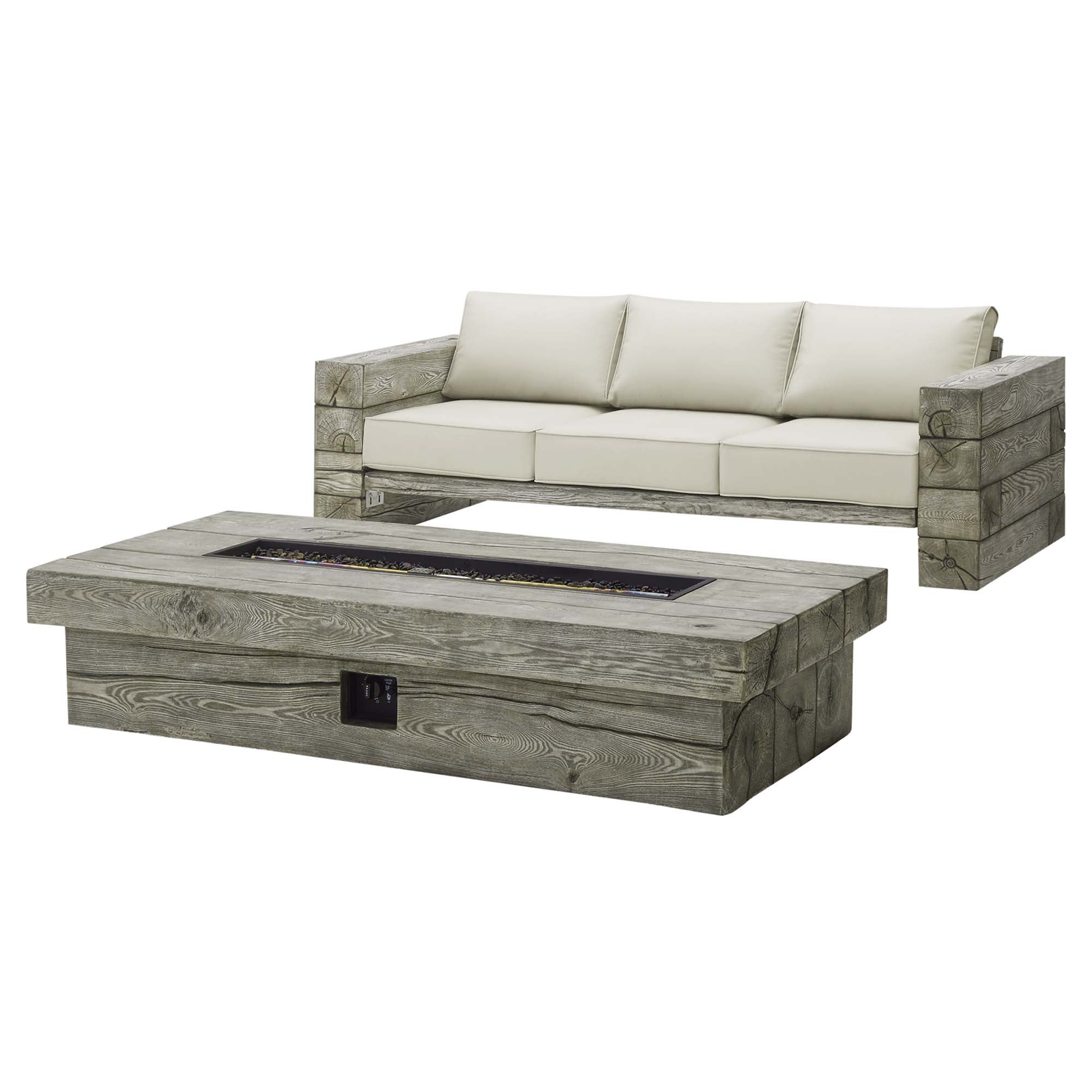 Manteo Rustic Coastal Outdoor Patio Sunbrella® Sofa and Fire Pit Set - Light Gray Beige