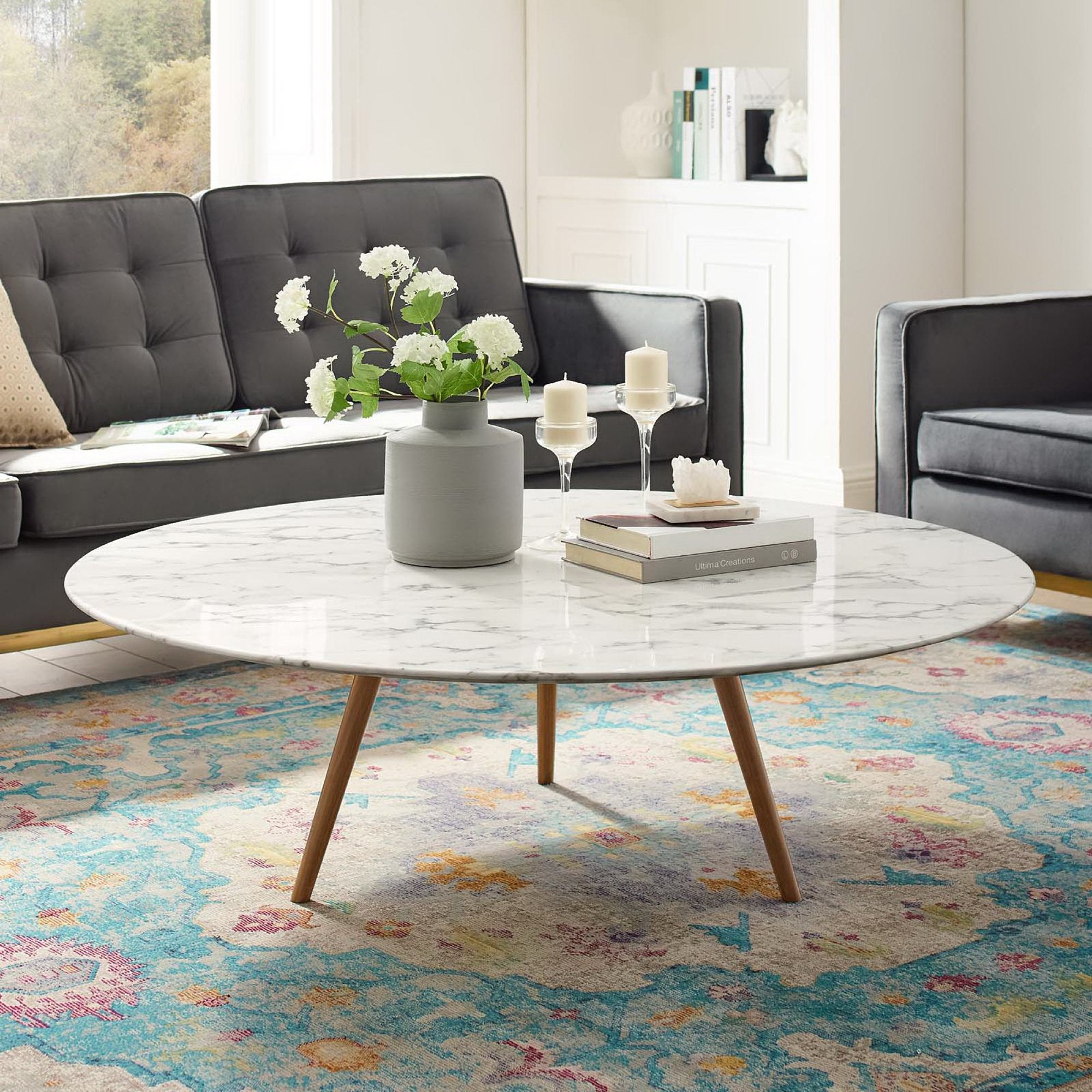 Lippa 48" Round Faux Marble Coffee Table with Tripod Base