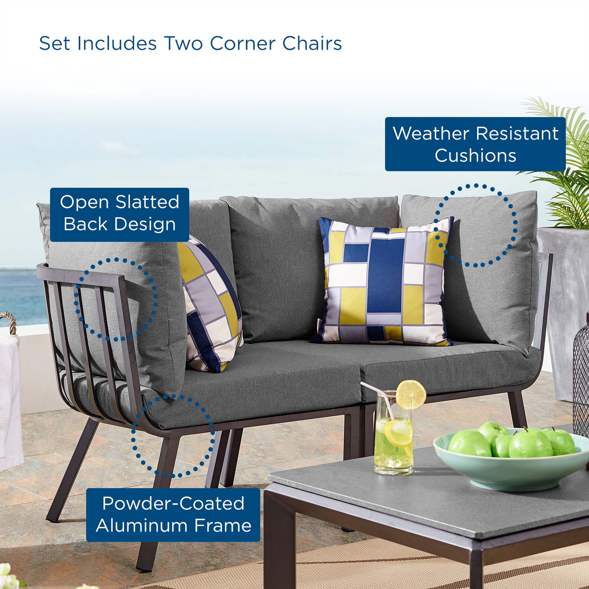 Riverside 2 Piece Outdoor Patio Aluminum Sectional Sofa Set - Gray White