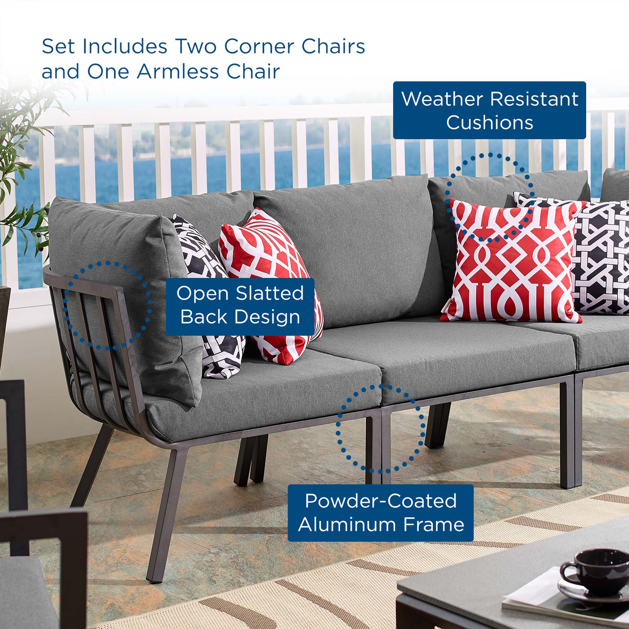 Riverside 3 Piece Outdoor Patio Aluminum Sectional Sofa Set - Gray White