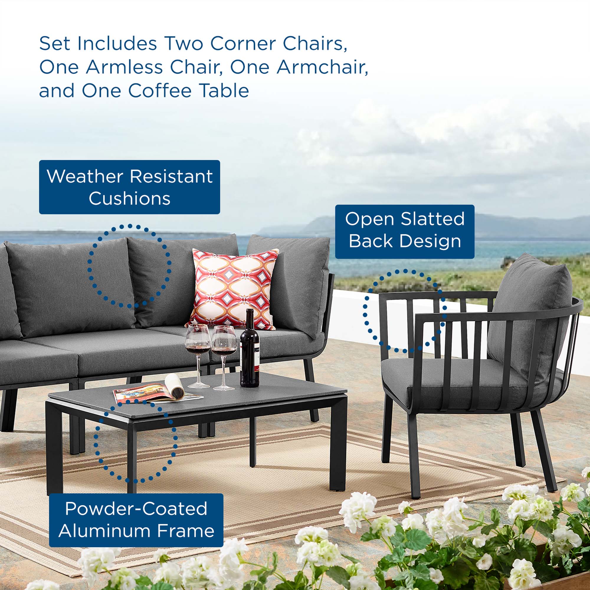 Riverside 5 Piece Outdoor Patio Aluminum Set - Gray White