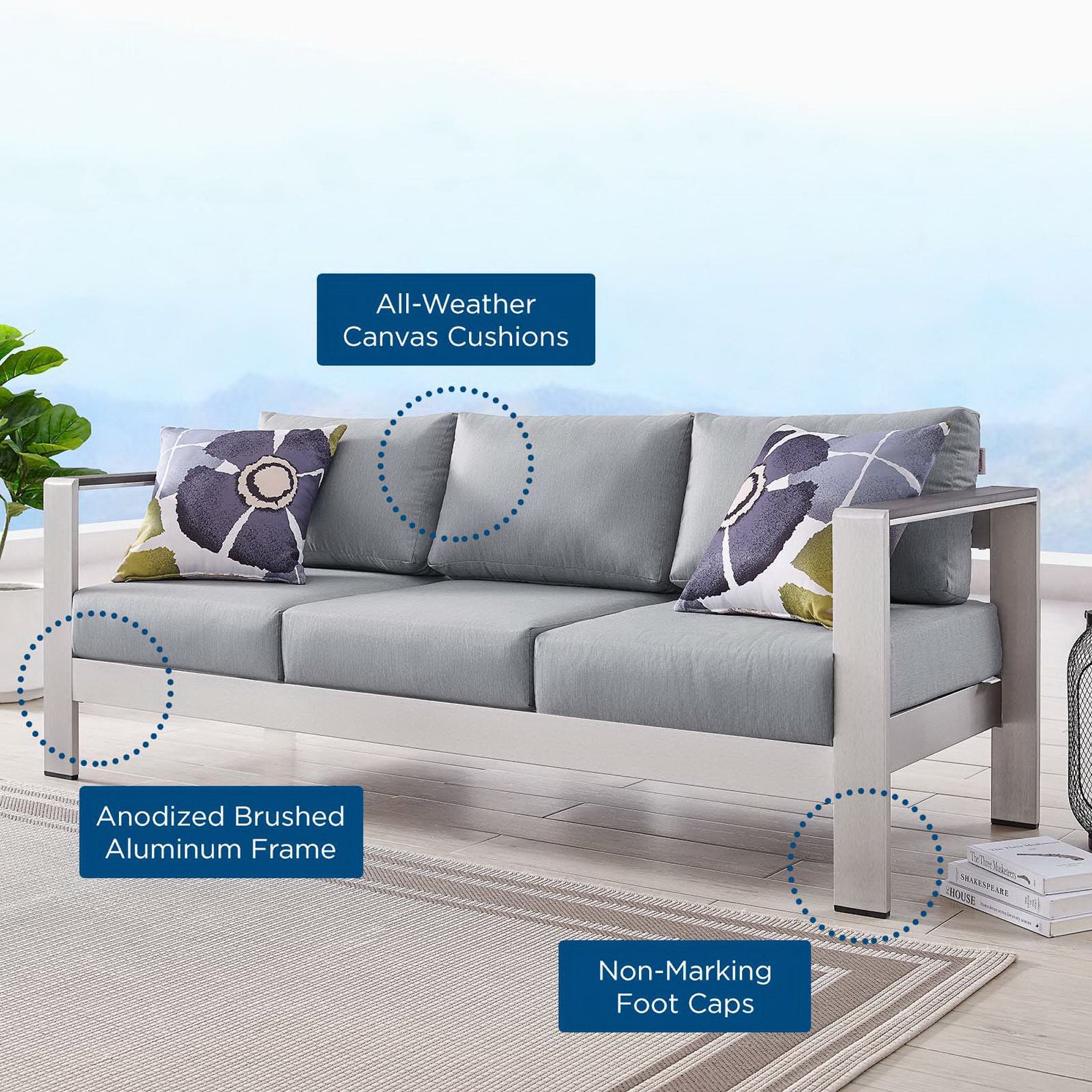 Shore Outdoor Patio Aluminum Sofa - Silver Navy