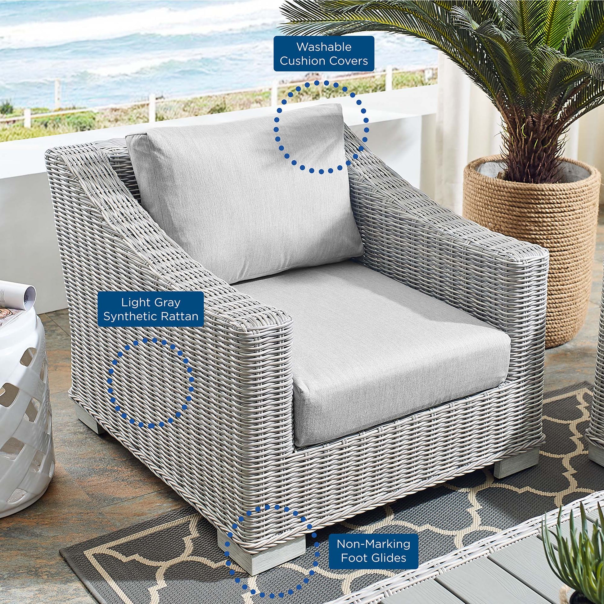 Conway Sunbrella® Outdoor Patio Wicker Rattan Armchair - Light Gray White