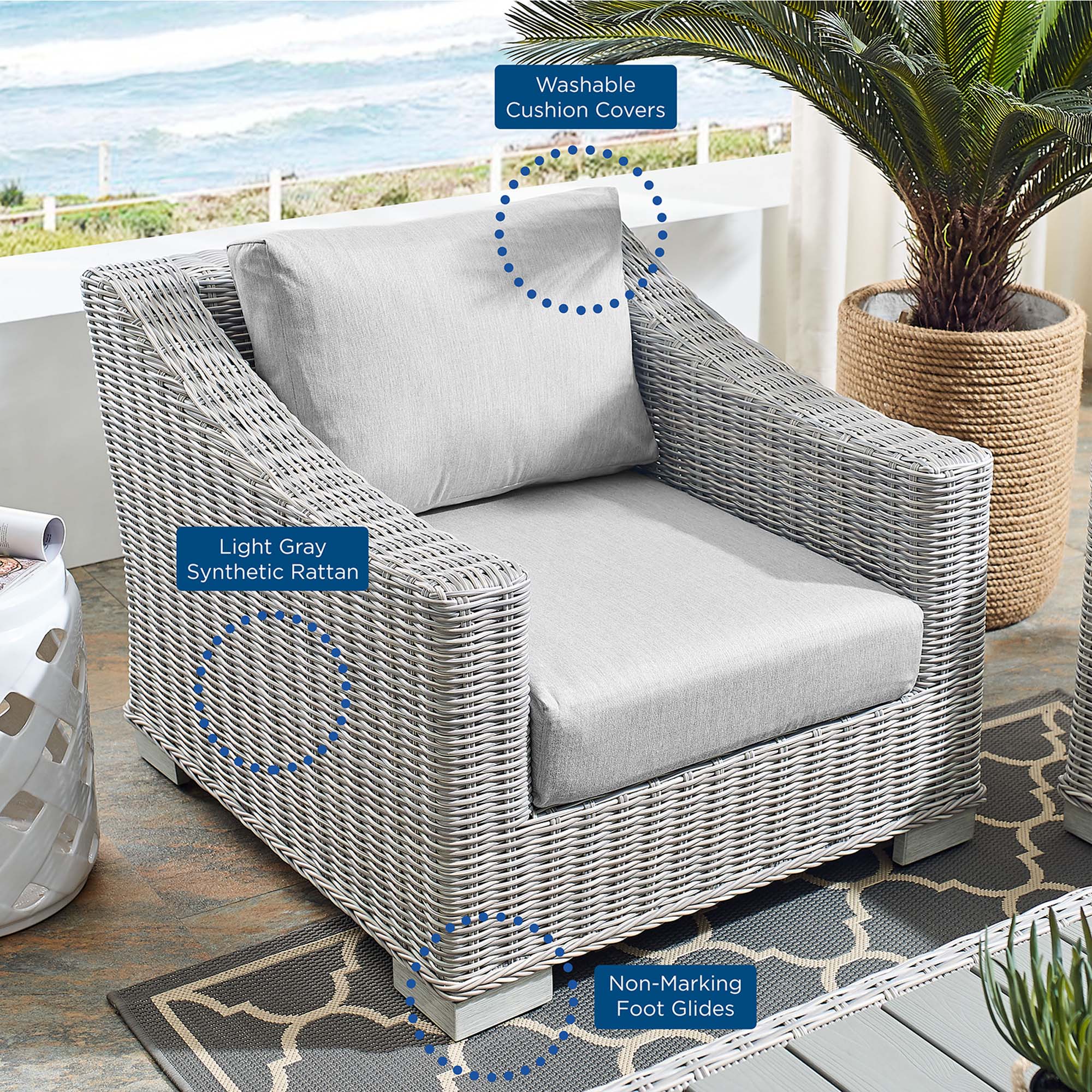 Conway Sunbrella® Outdoor Patio Wicker Rattan Armchair - Light Gray White