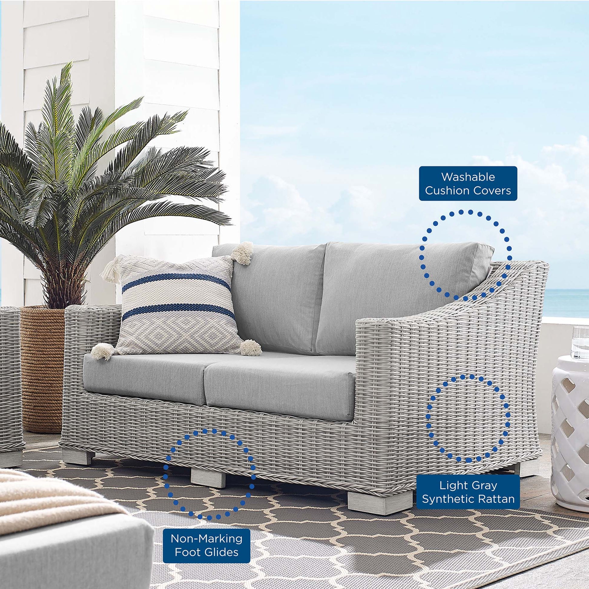 Conway Sunbrella® Outdoor Patio Wicker Rattan Loveseat - Light Gray Navy