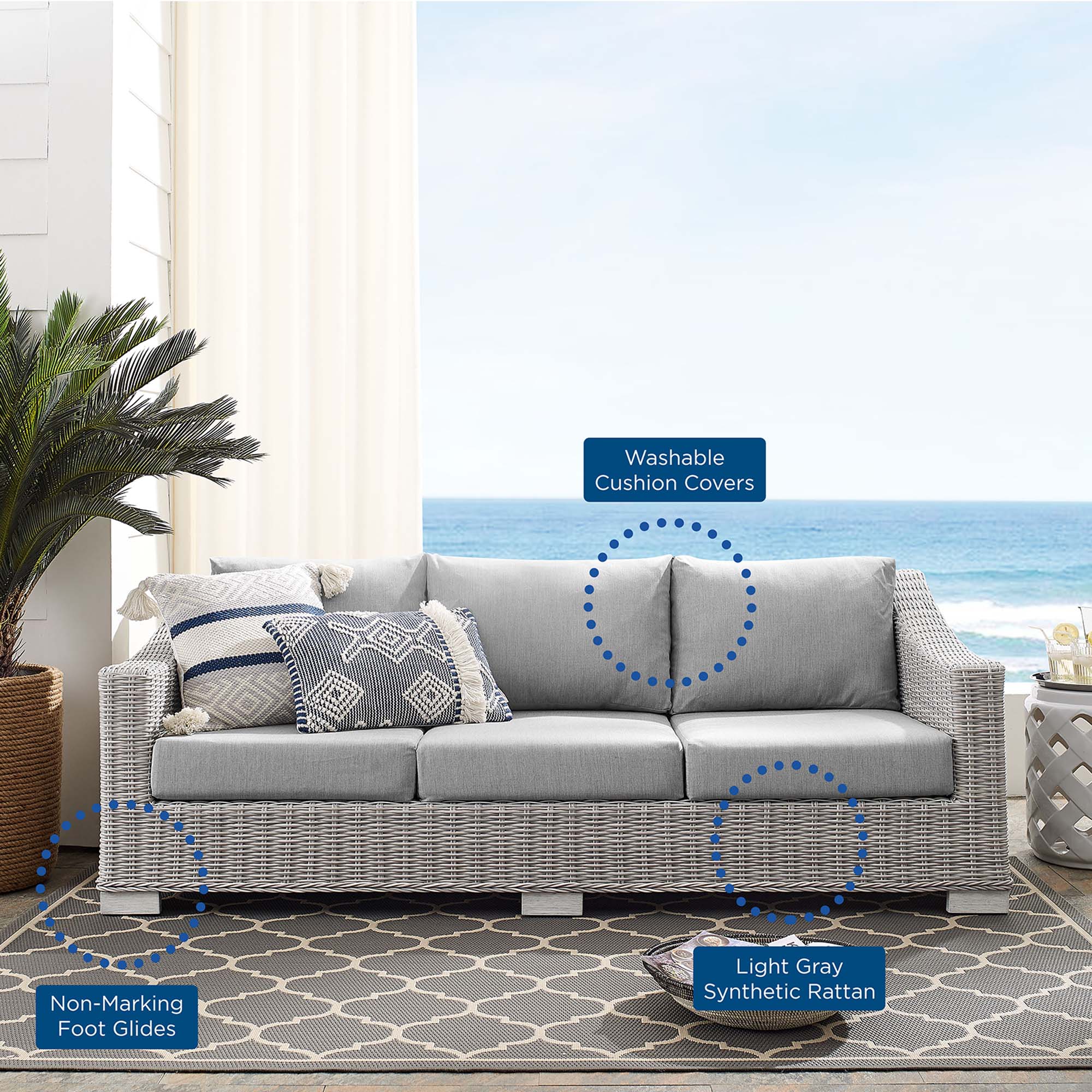 Conway Sunbrella® Outdoor Patio Wicker Rattan Sofa - Light Gray White