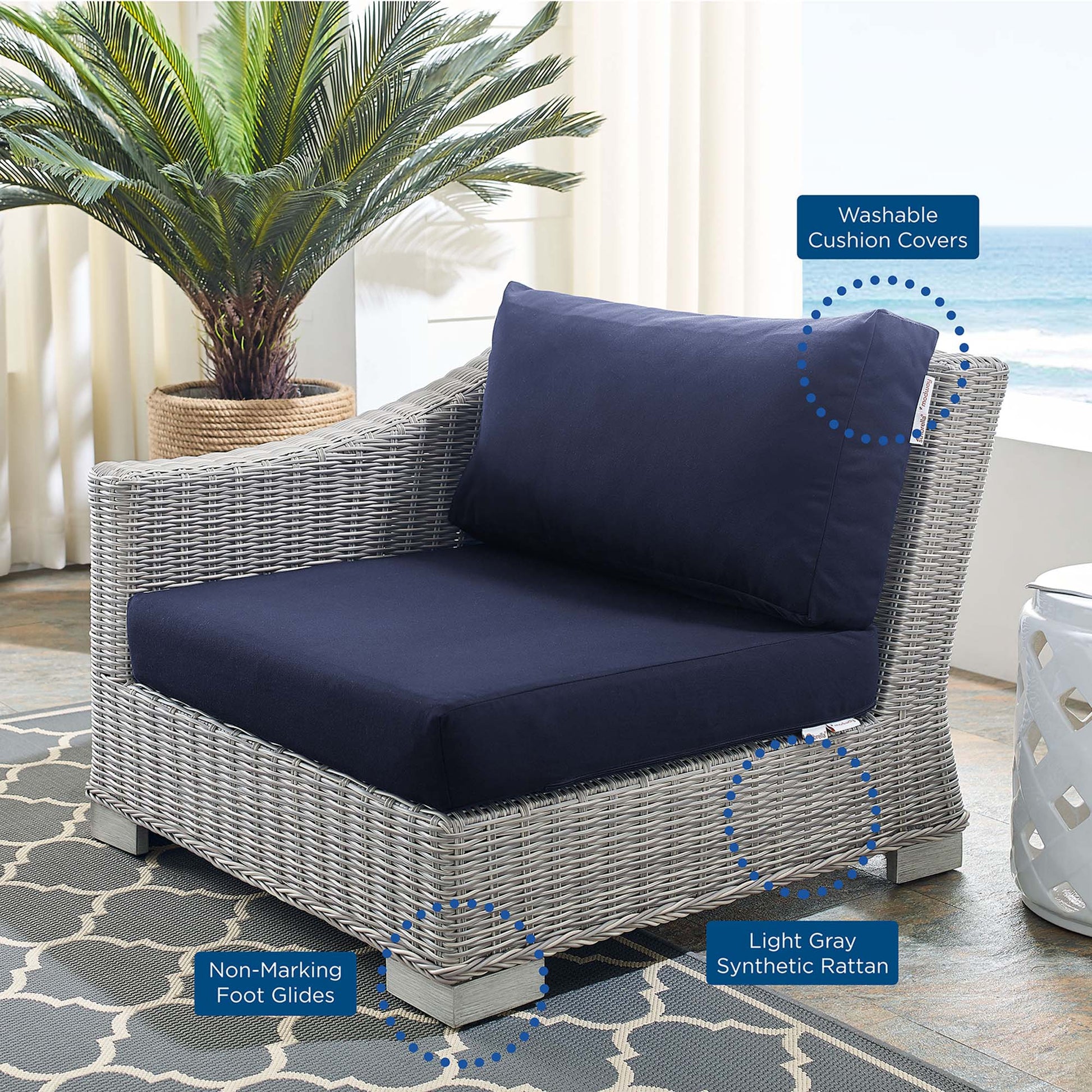 Conway Sunbrella® Outdoor Patio Wicker Rattan Left-Arm Chair - Light Gray White