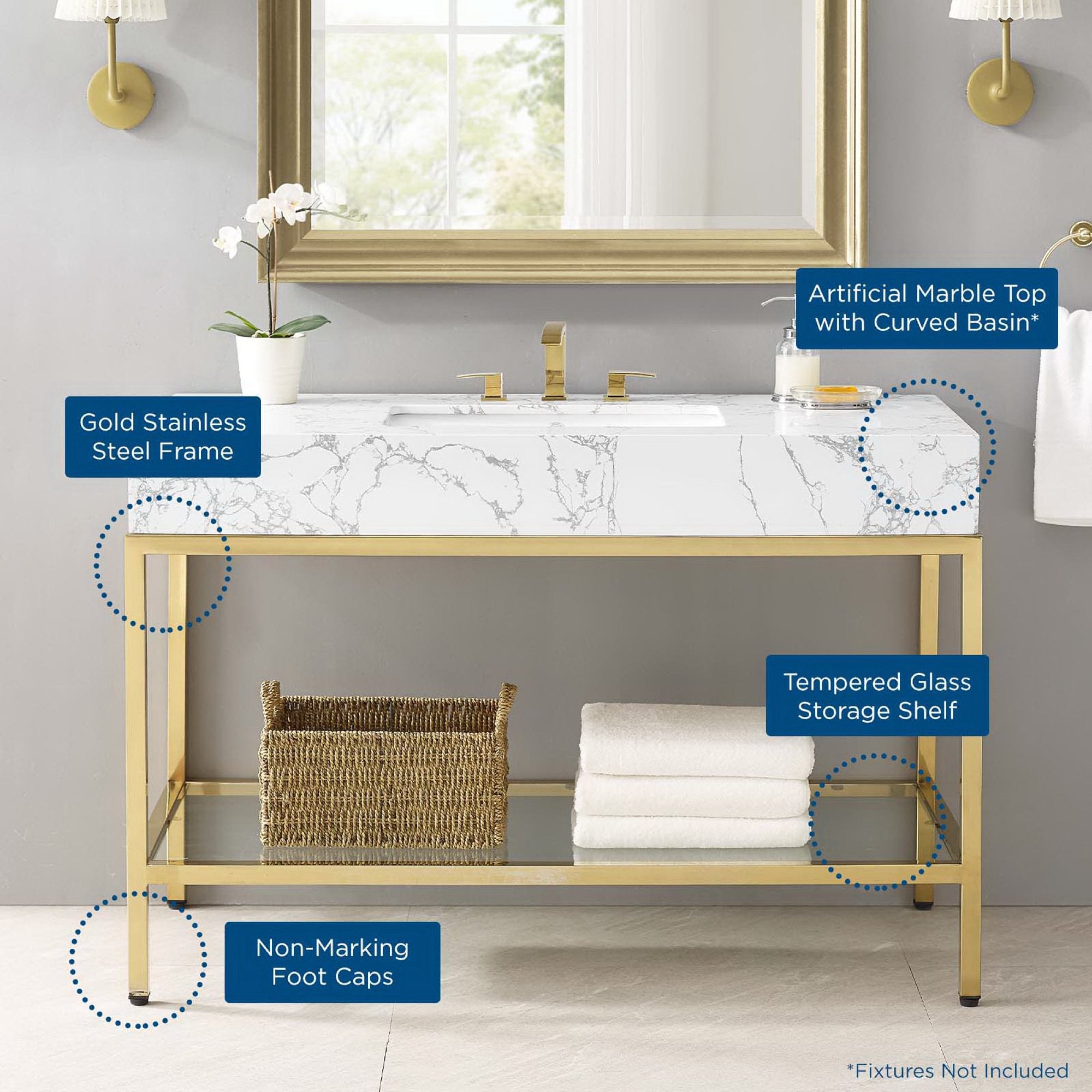 Kingsley 50" Gold Stainless Steel Bathroom Vanity